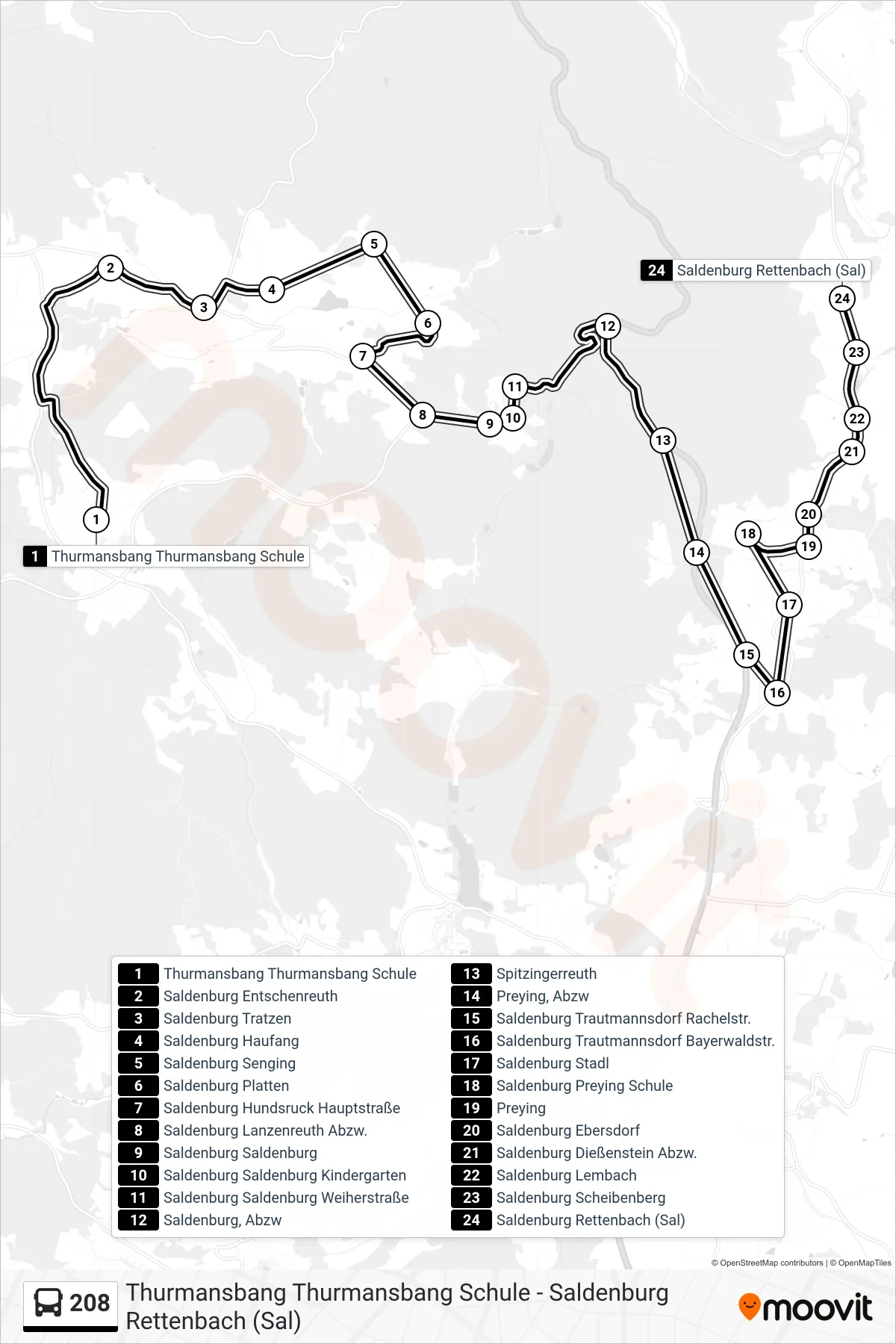 208 bus Line (Saldenburg Rettenbach (Sal)) route and stops on a map