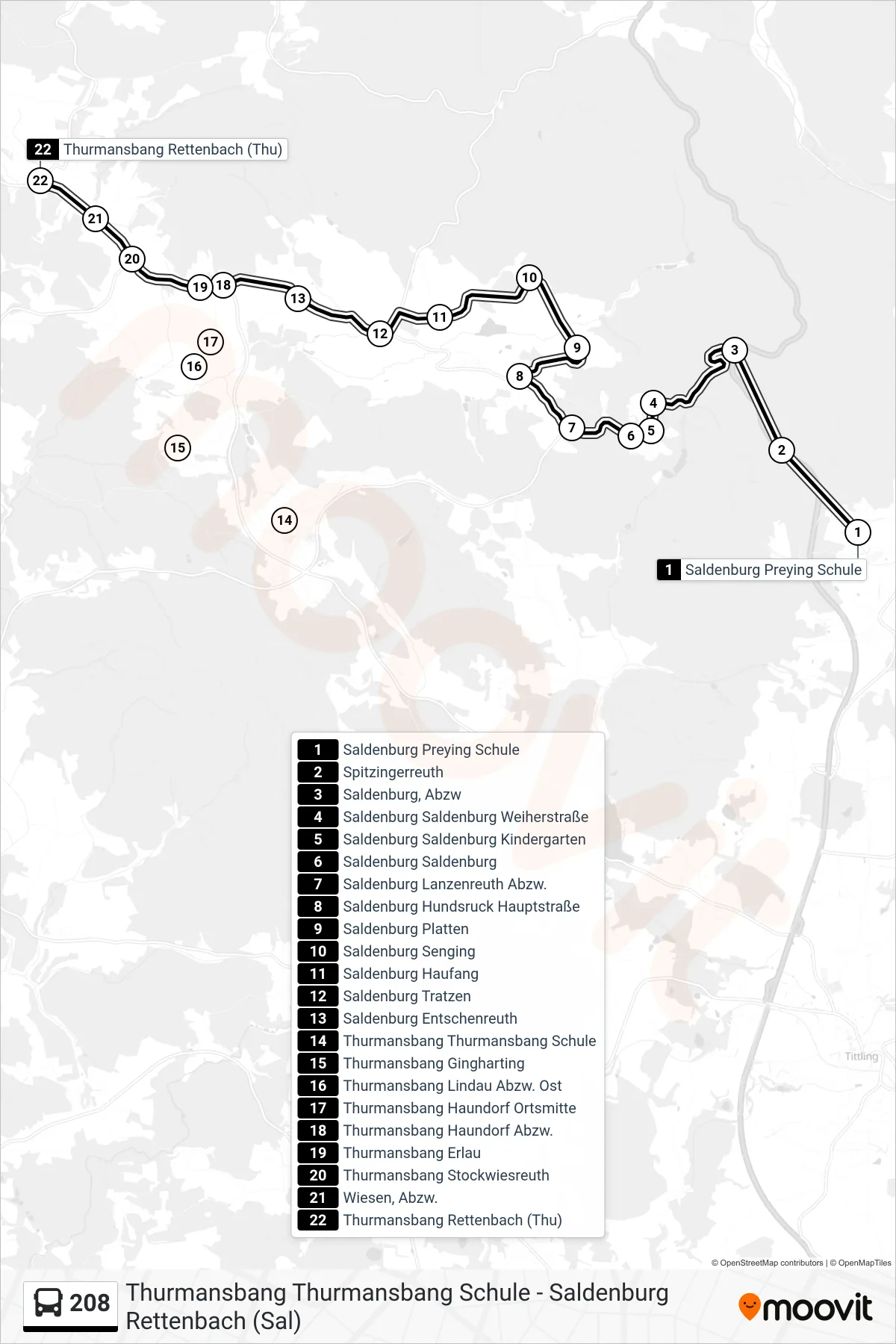 Linie 208 (Bus) Richtung Thurmansbang Rettenbach (Thu): Route und Haltestellen auf der Karte