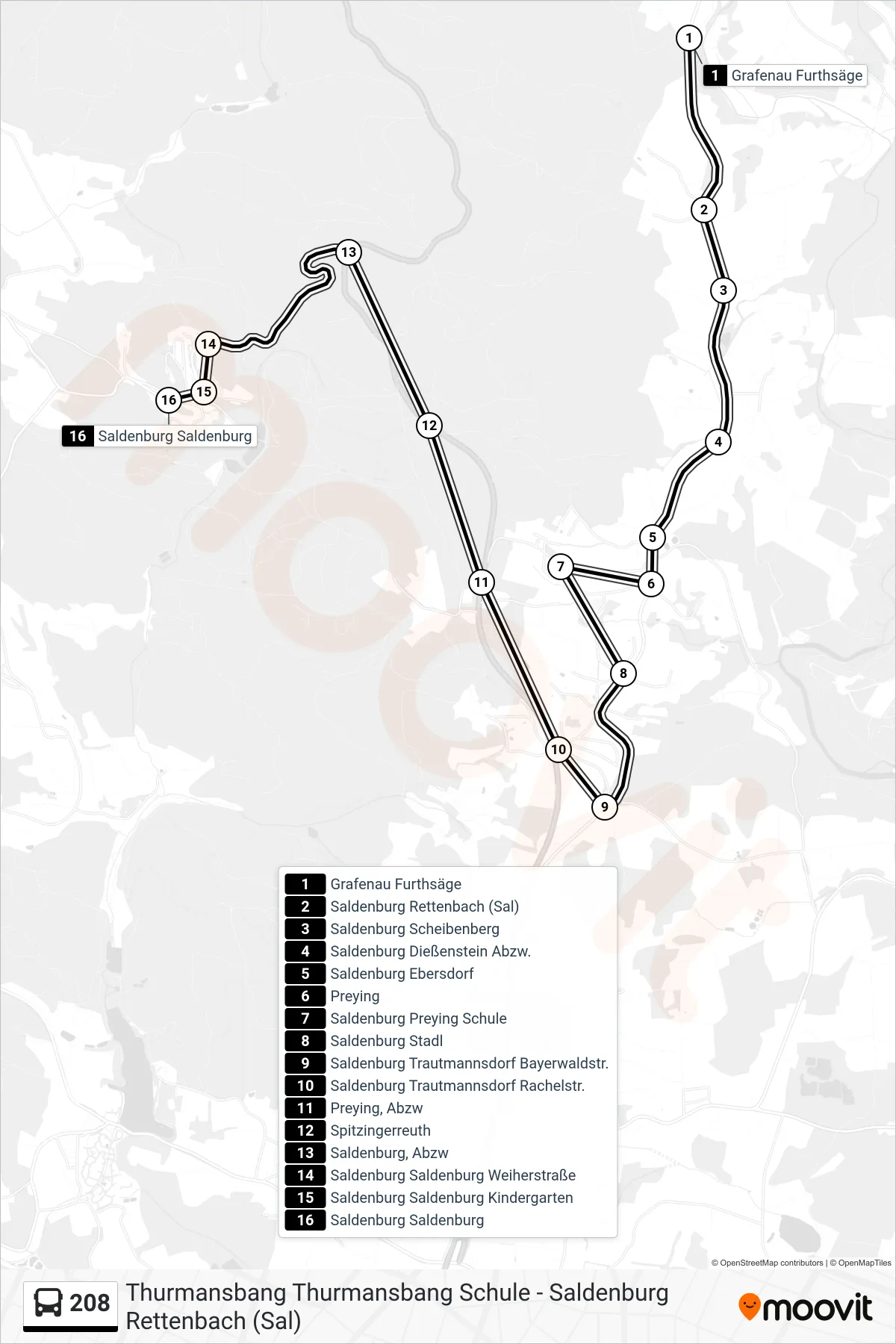 Linie 208 (Bus) Richtung Saldenburg Saldenburg: Route und Haltestellen auf der Karte