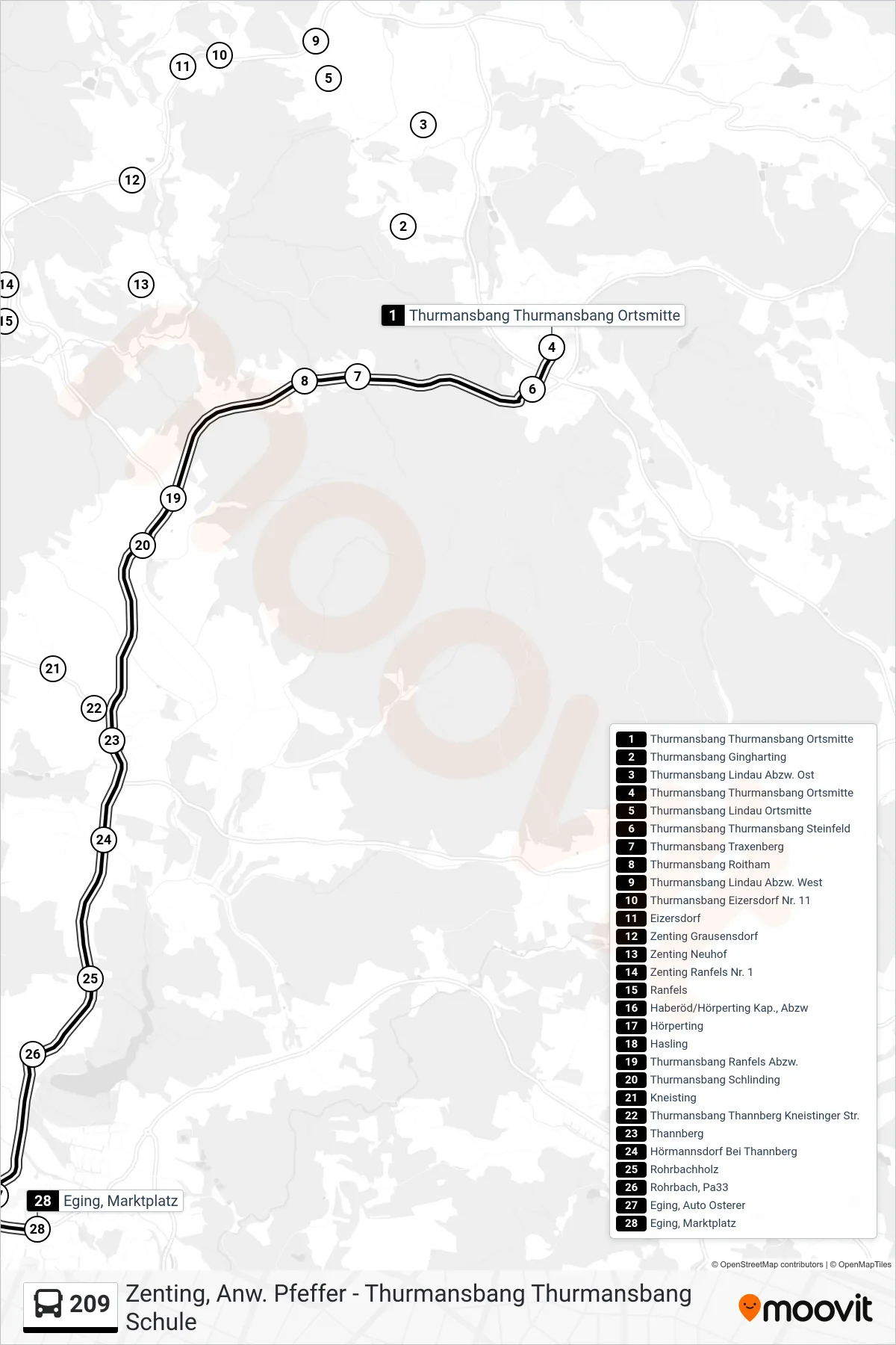 209 bus Line (Eging, Marktplatz) route and stops on a map