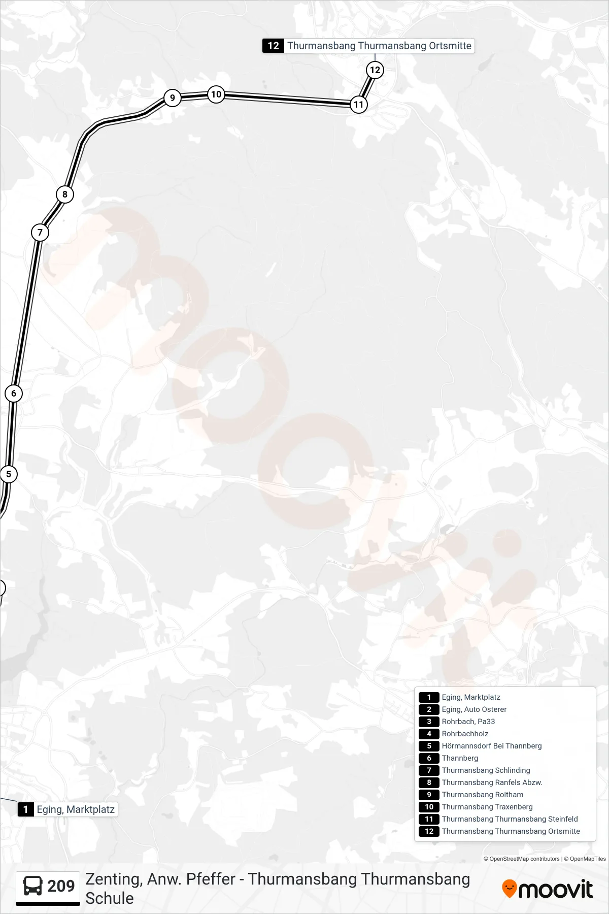 Linie 209 (Bus) Richtung Thurmansbang Thurmansbang Ortsmitte: Route und Haltestellen auf der Karte