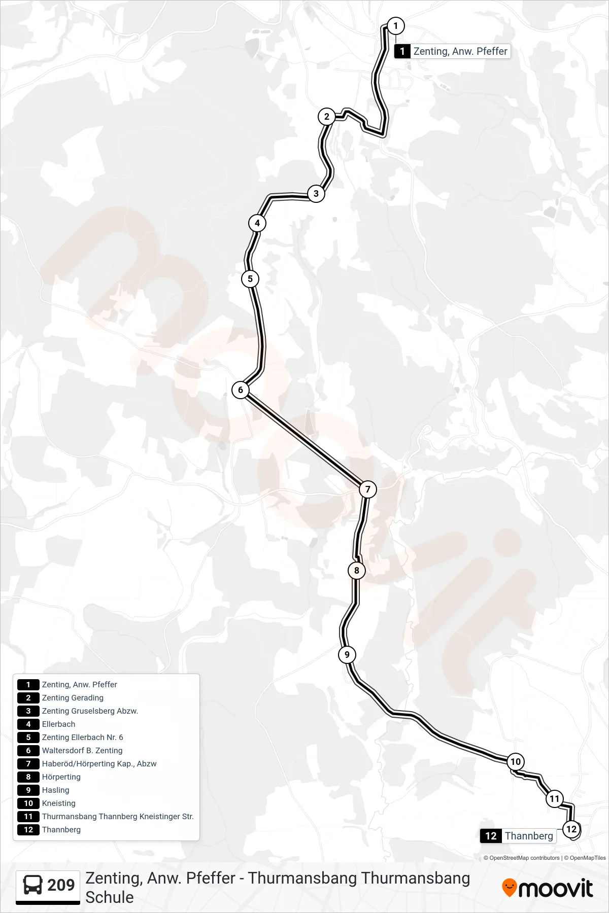 209 bus Line (Thannberg) route and stops on a map