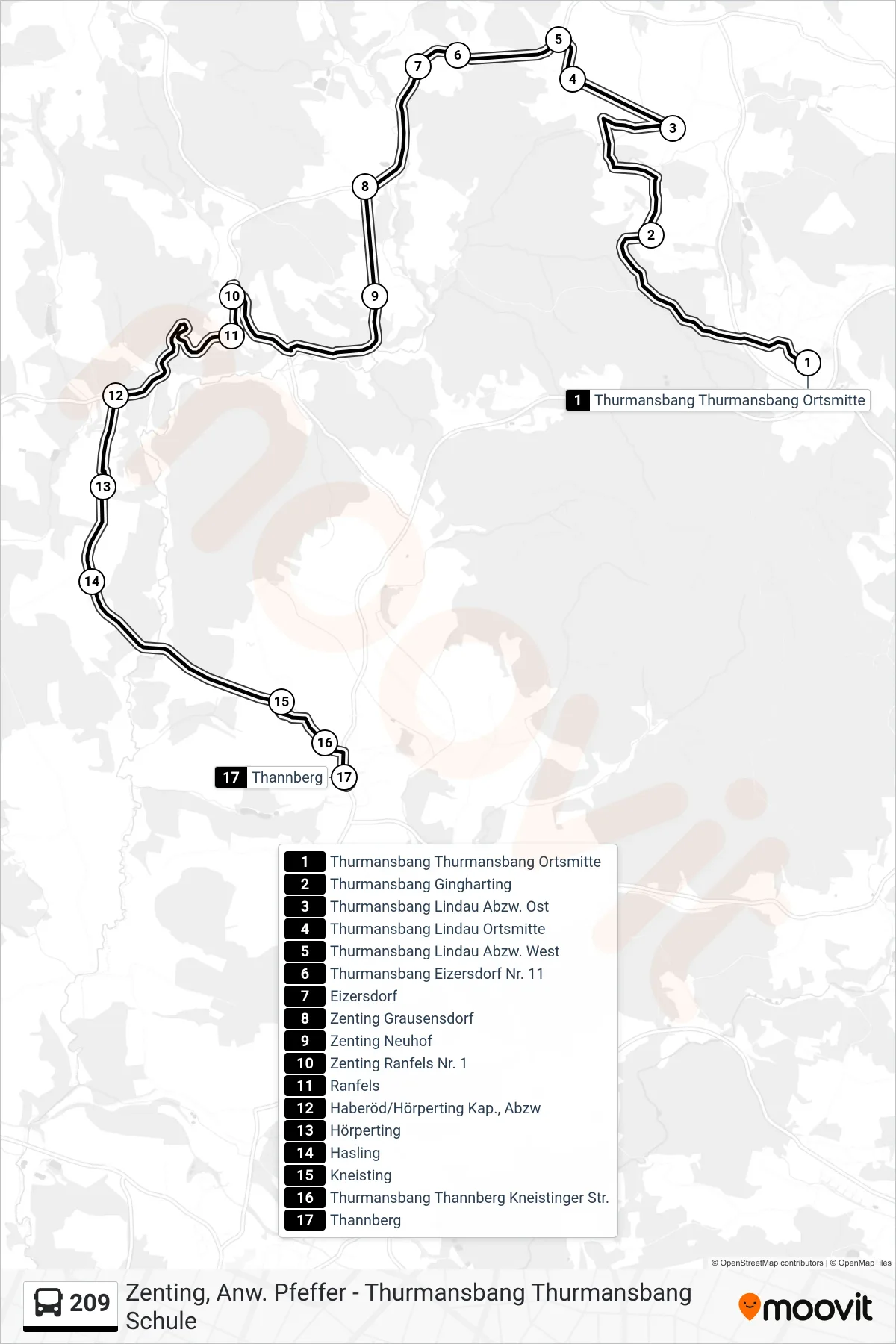 209 bus Line (Thannberg) route and stops on a map