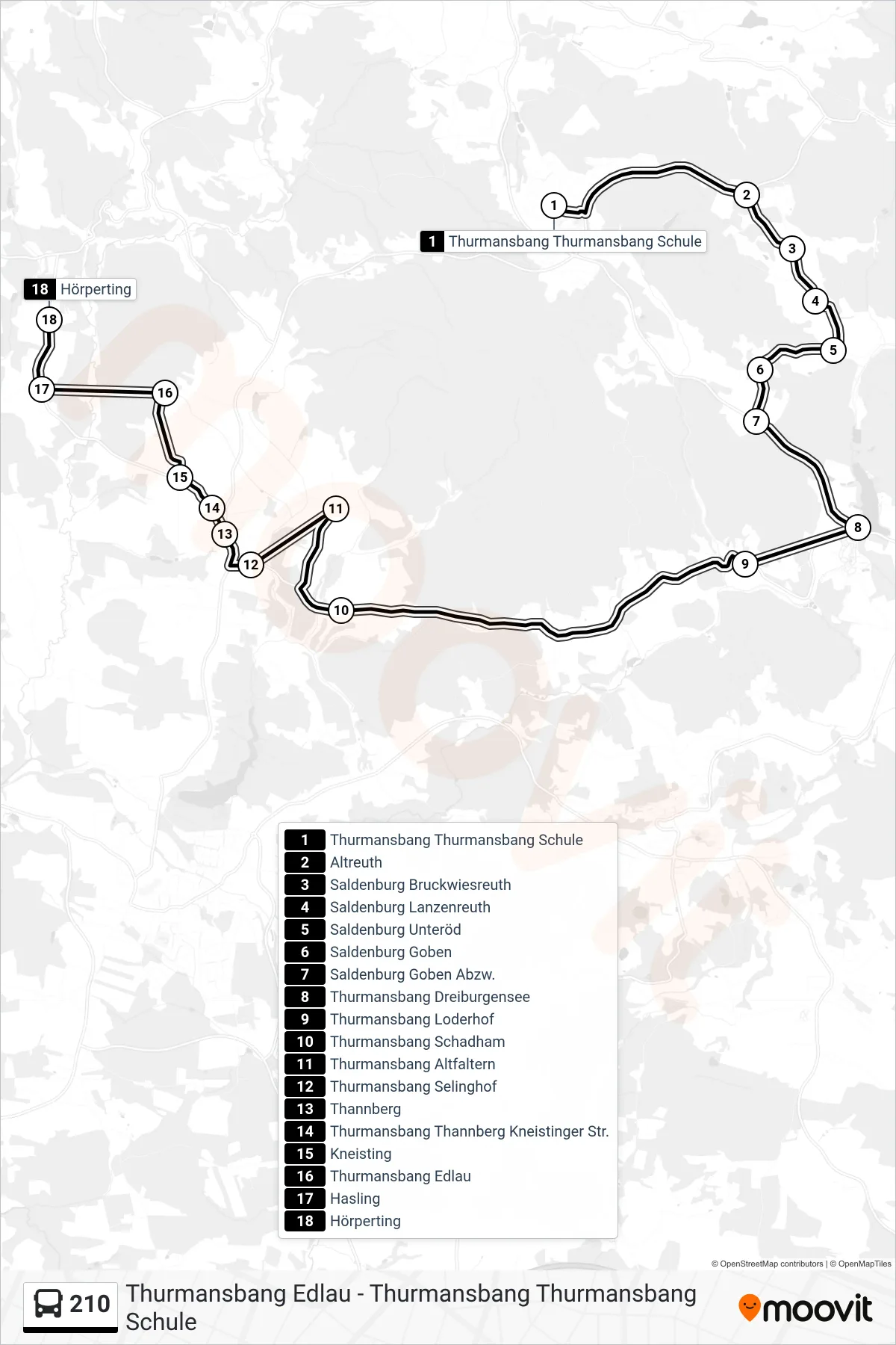 210 bus Line (Hörperting) route and stops on a map