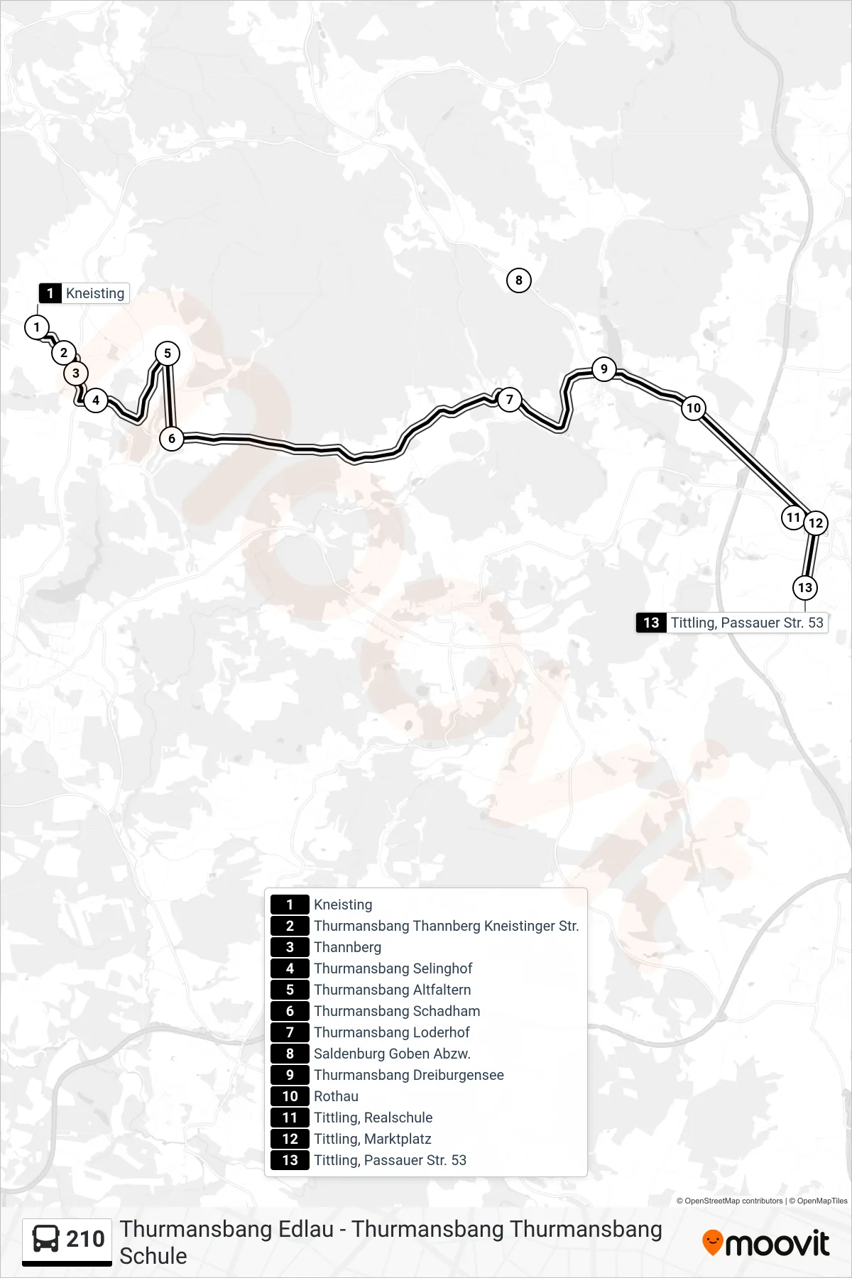 210 bus Line (Tittling, Passauer Str. 53) route and stops on a map