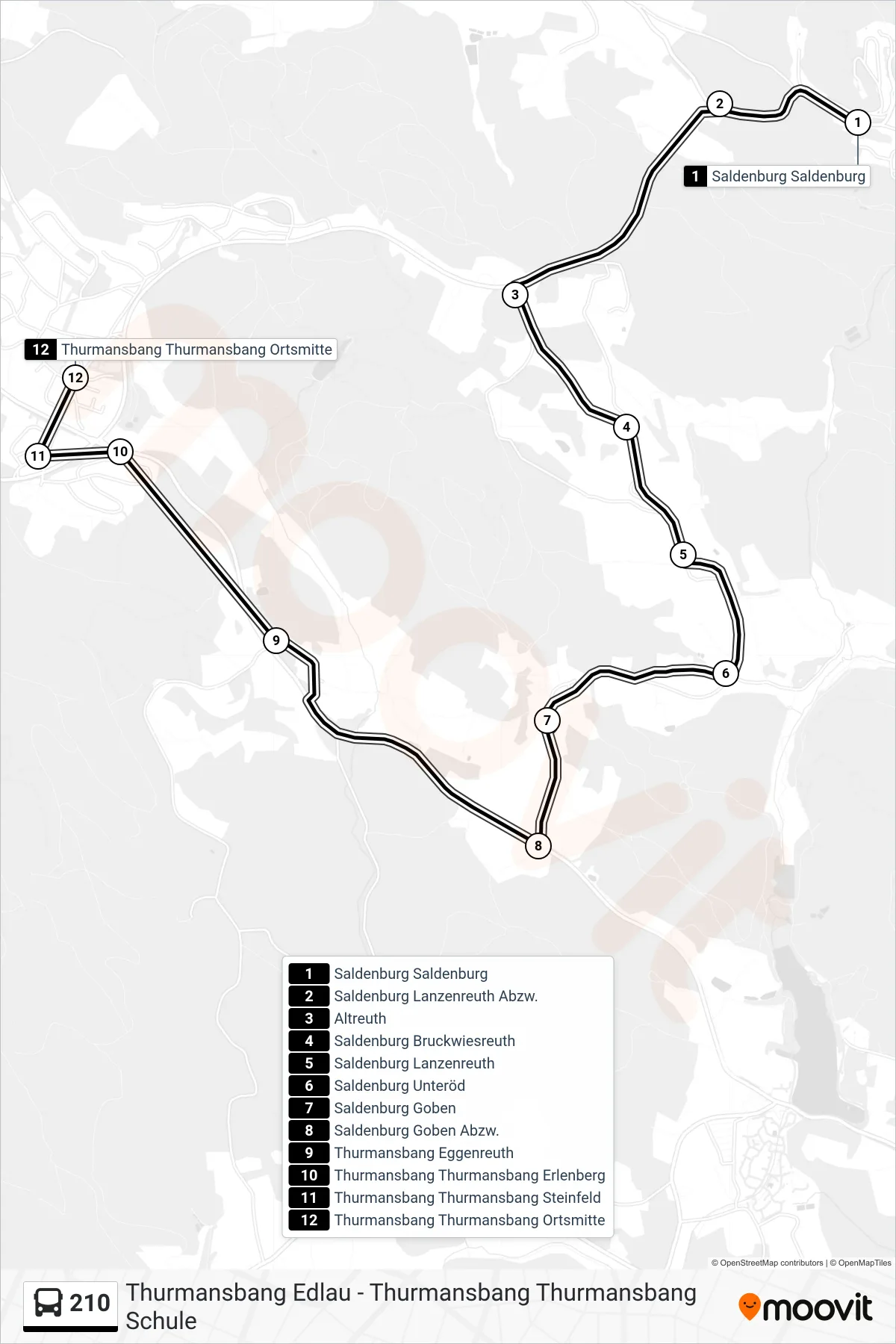 Linie 210 (Bus) Richtung Thurmansbang Thurmansbang Ortsmitte: Route und Haltestellen auf der Karte