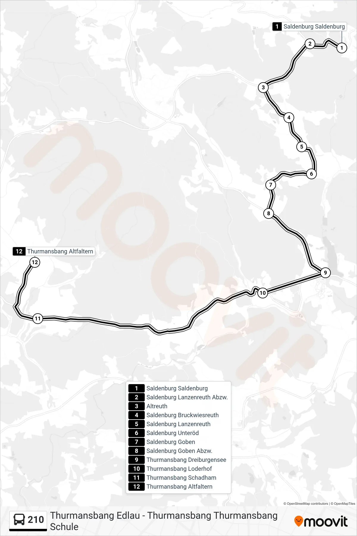 Linie 210 (Bus) Richtung Thurmansbang Altfaltern: Route und Haltestellen auf der Karte