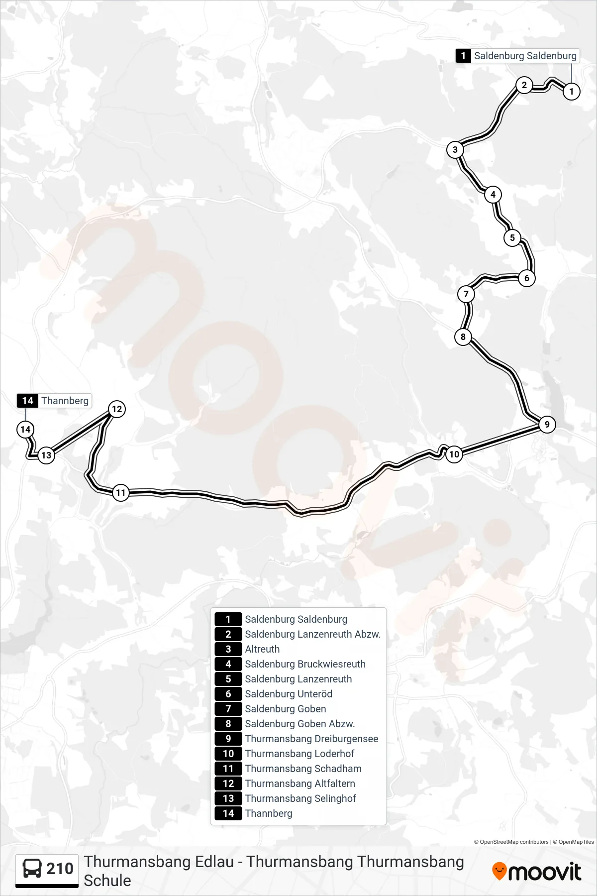 210 bus Line (Thannberg) route and stops on a map