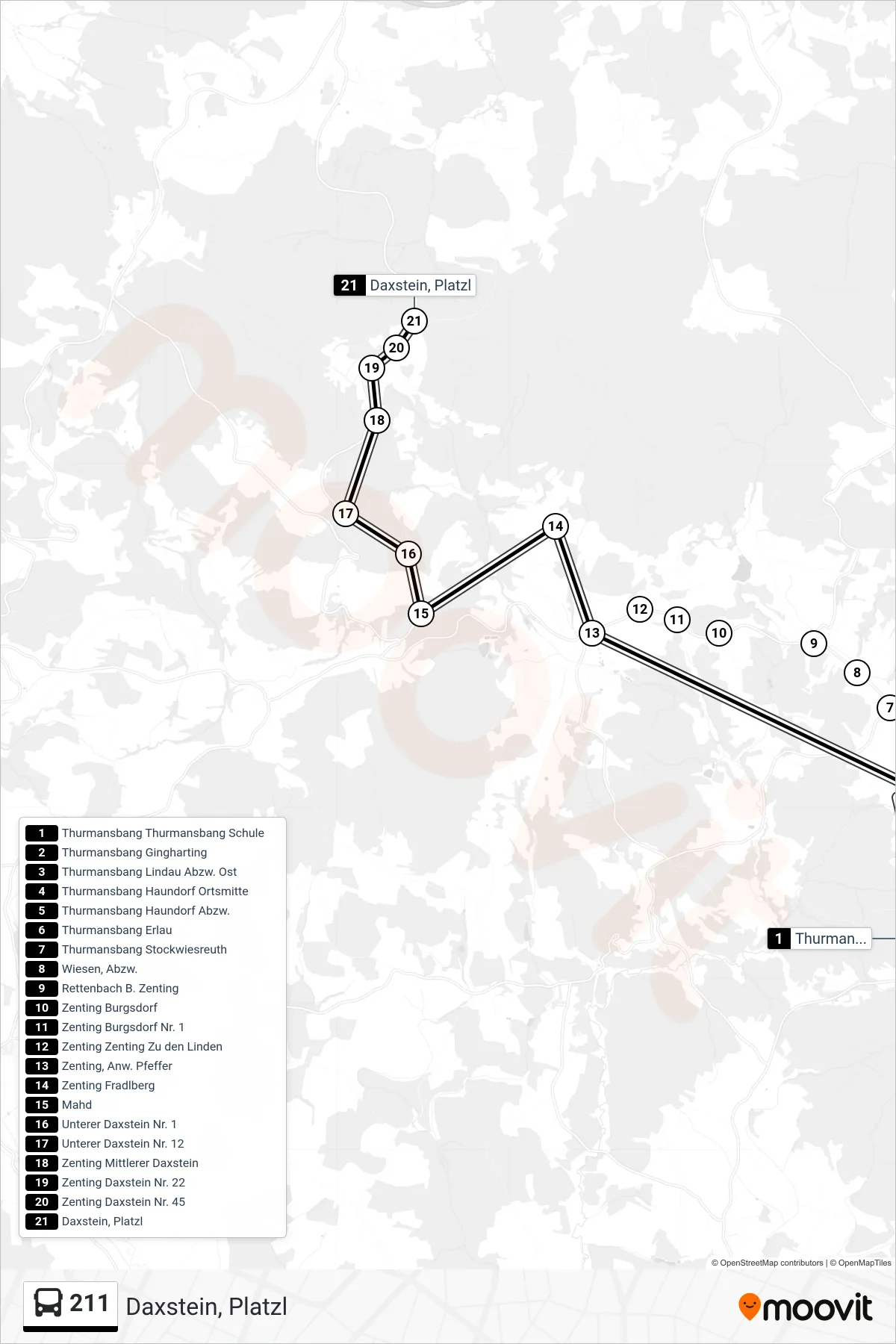 211 bus Line (Daxstein, Platzl) route and stops on a map