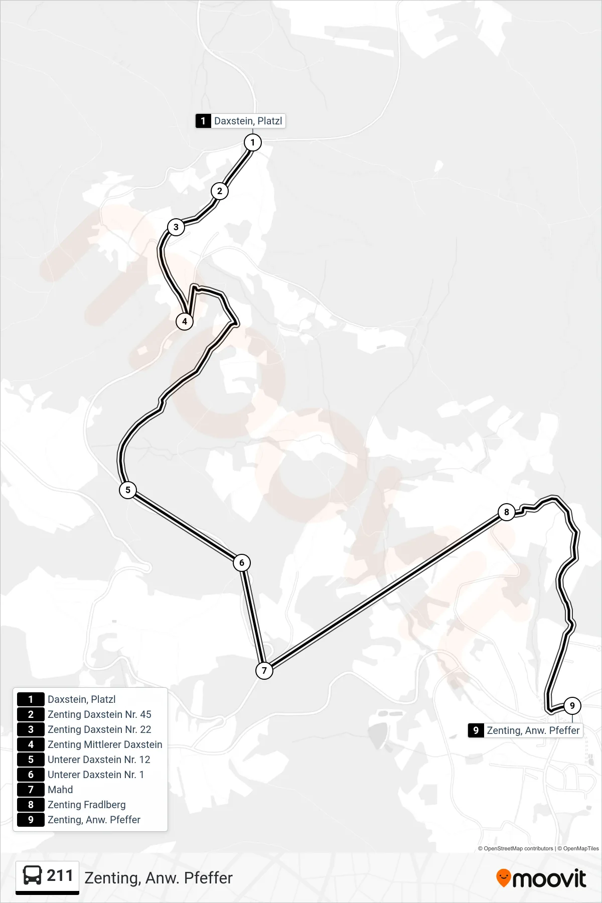 Linie 211 (Bus) Richtung Zenting, Anw. Pfeffer: Route und Haltestellen auf der Karte