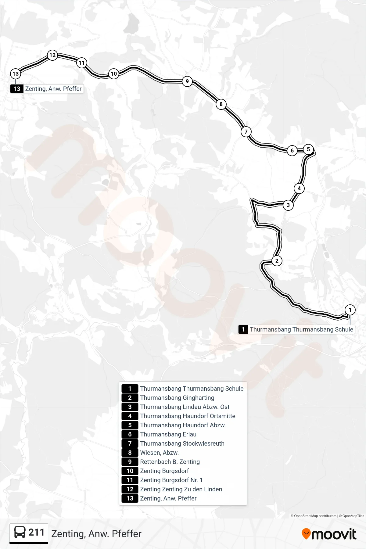 Linie 211 (Bus) Richtung Zenting, Anw. Pfeffer: Route und Haltestellen auf der Karte