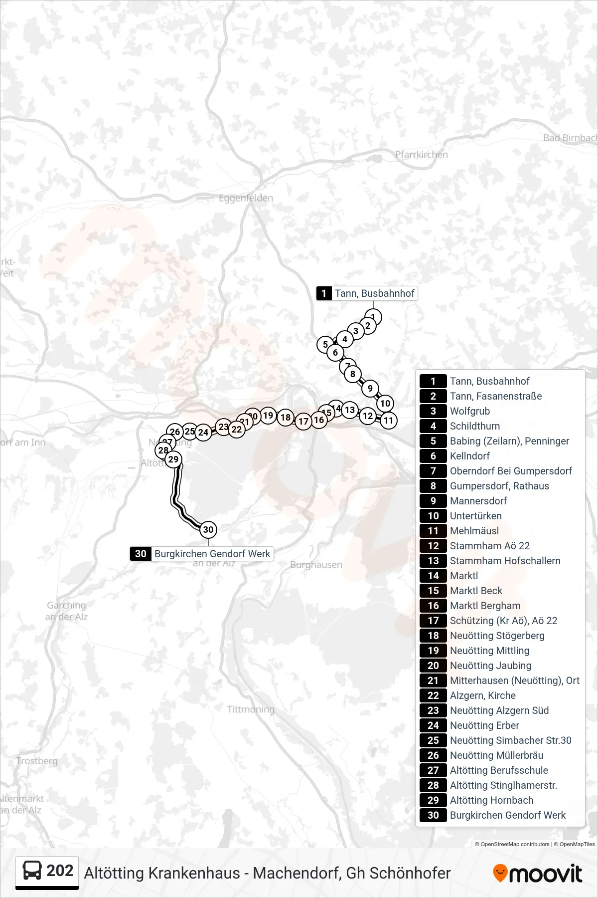Linie 202 (Bus) Richtung Gendorf Werk: Route und Haltestellen auf der Karte