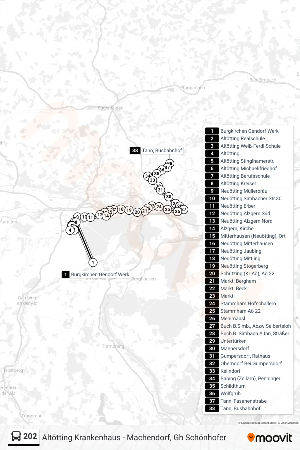 202 bus Line (Tann) route and stops on a map