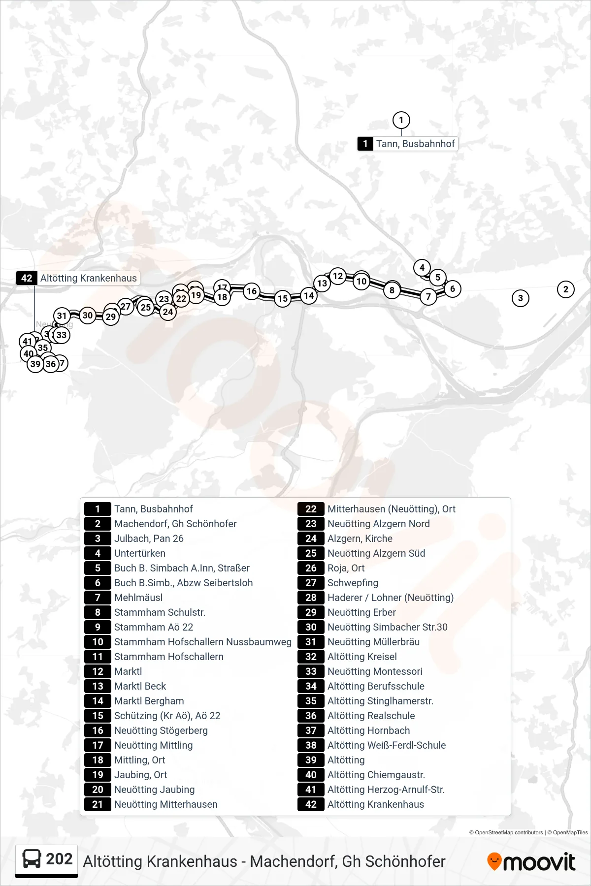 202 bus Line (Altötting) route and stops on a map