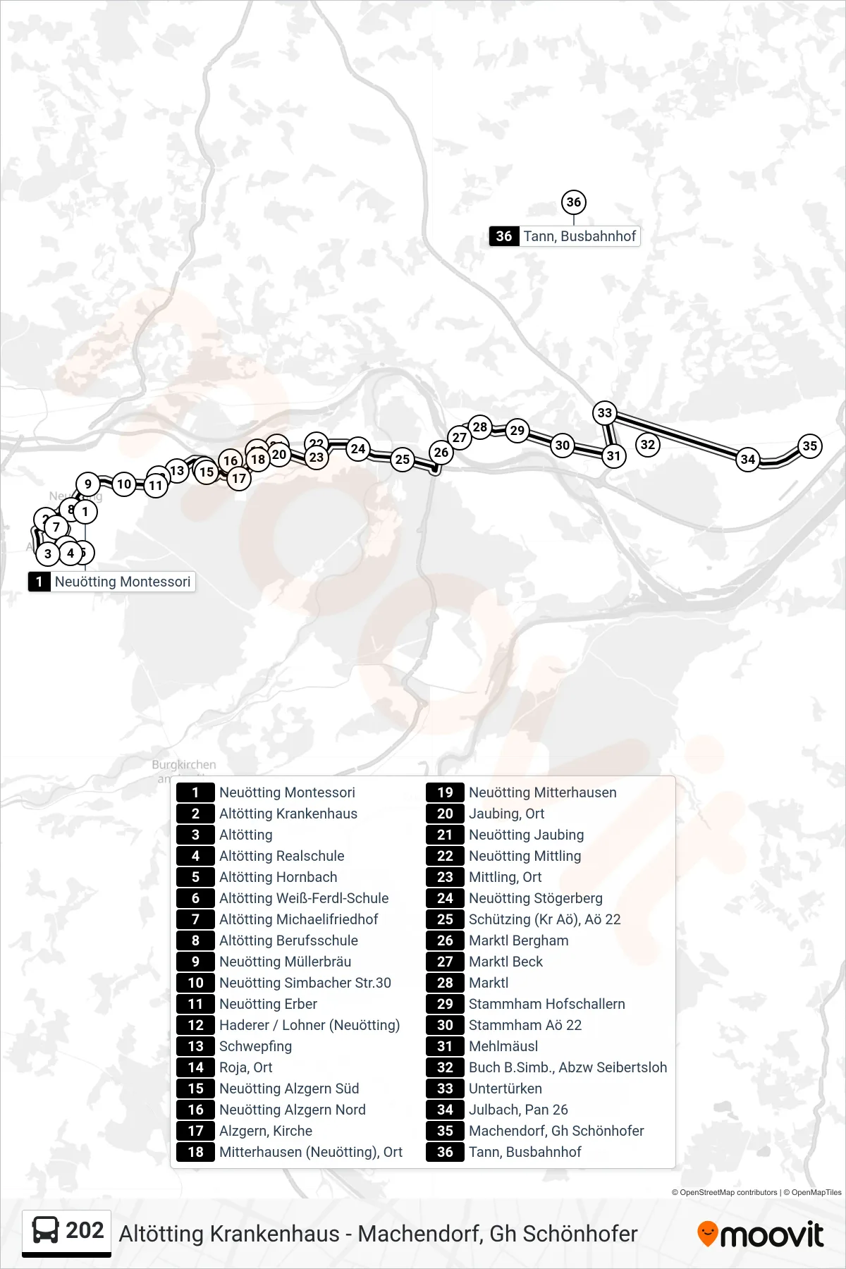 202 bus Line (Untertürken) route and stops on a map