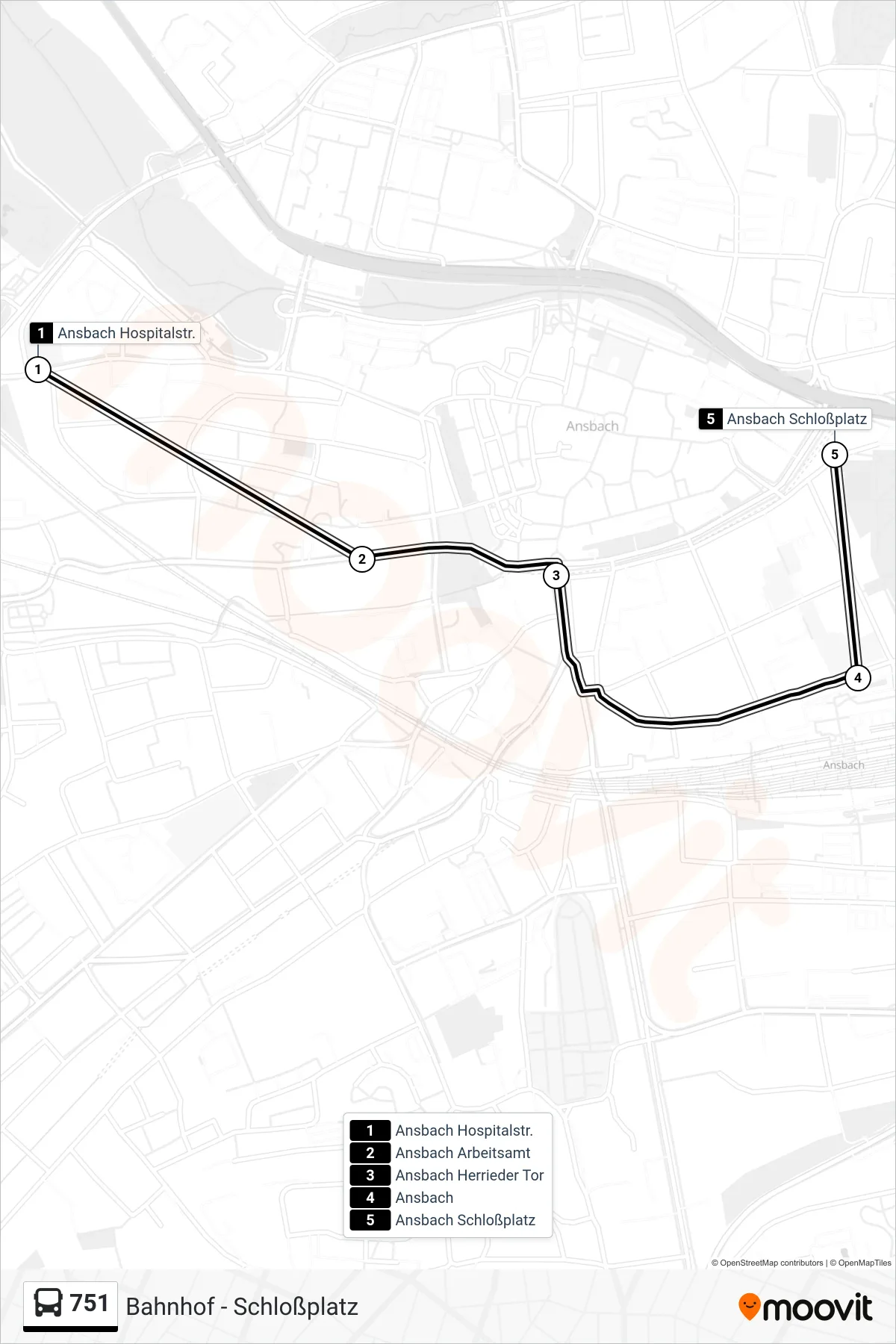 751 bus Line (Bahnhof - Schloßplatz) route and stops on a map