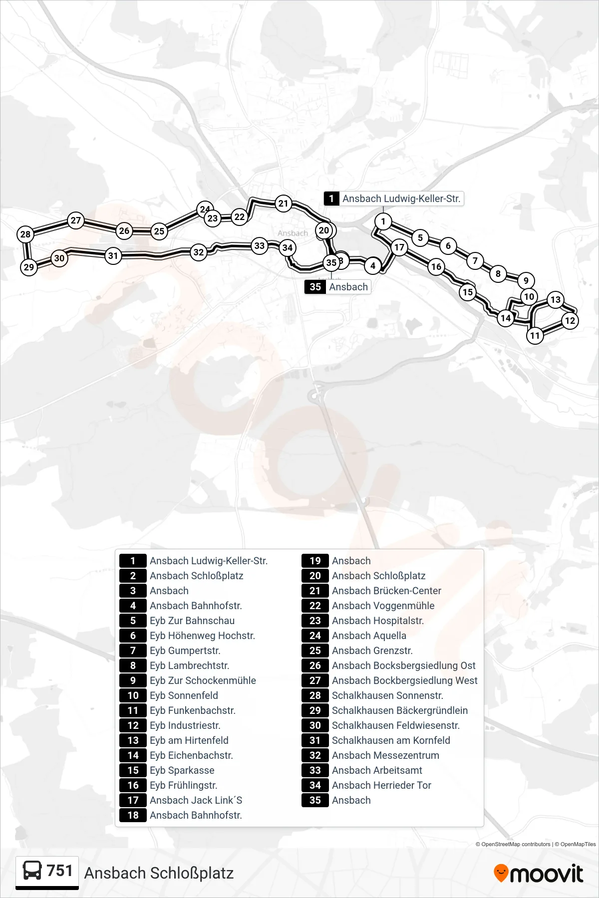 751 bus Line (Ansbach Schloßplatz) route and stops on a map