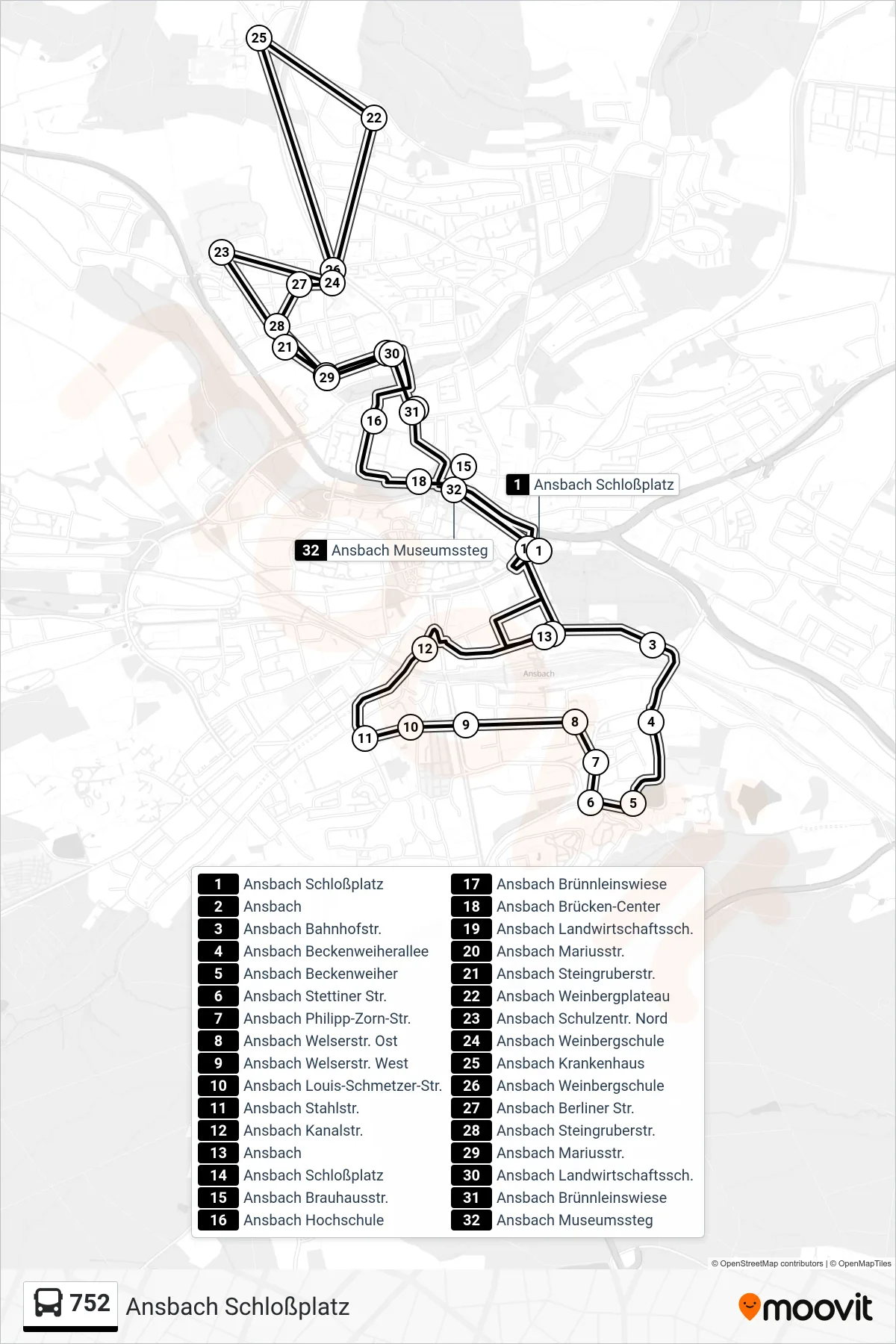 752 bus Line (Ansbach Schloßplatz) route and stops on a map