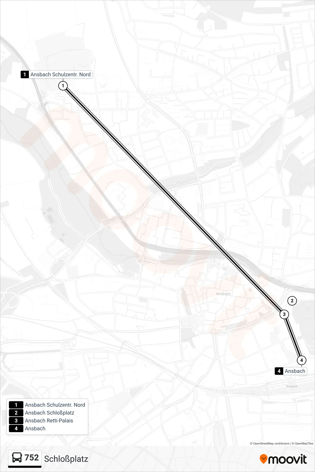 752 bus Line (Schloßplatz) route and stops on a map