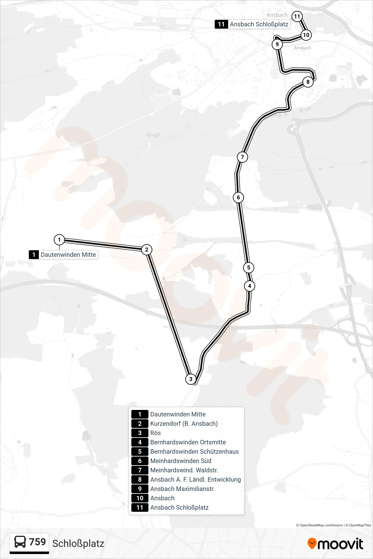 759 bus Line (Schloßplatz) route and stops on a map