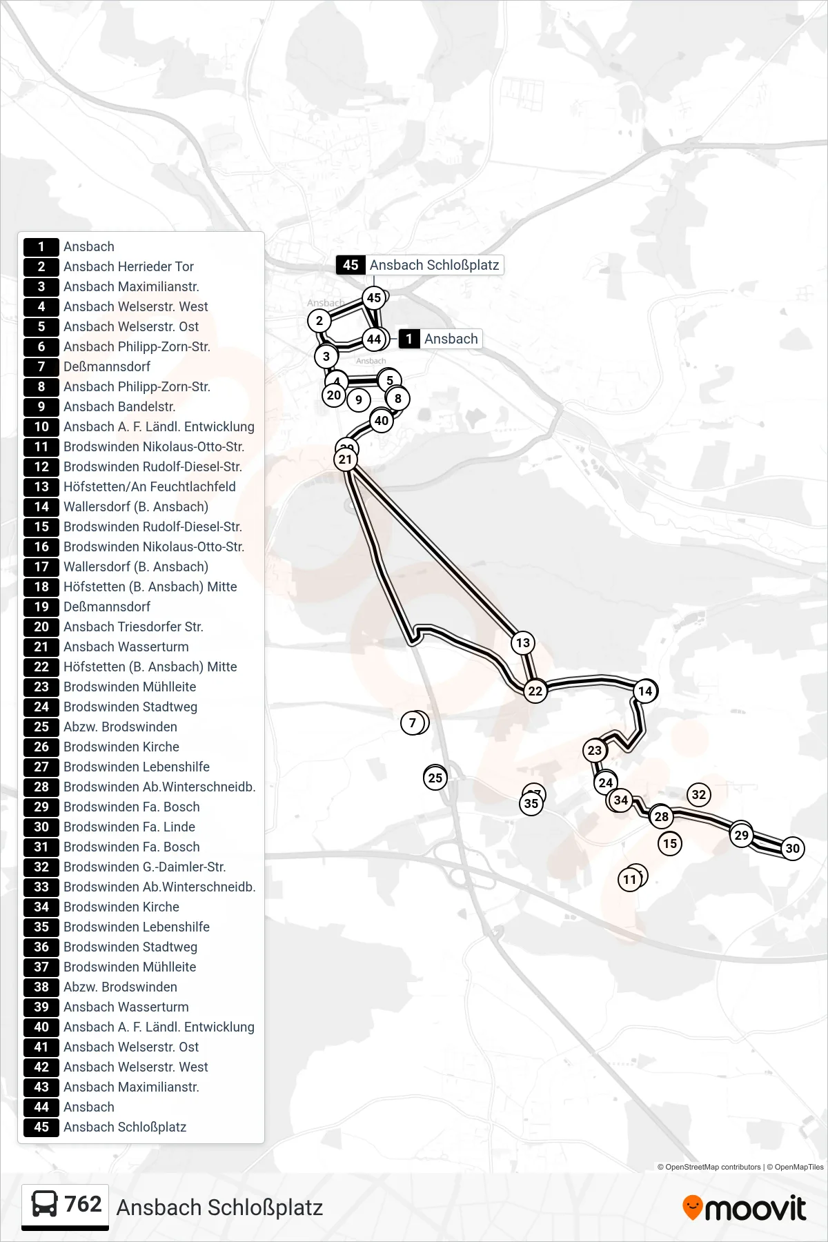 762 bus Line (Ansbach Schloßplatz) route and stops on a map