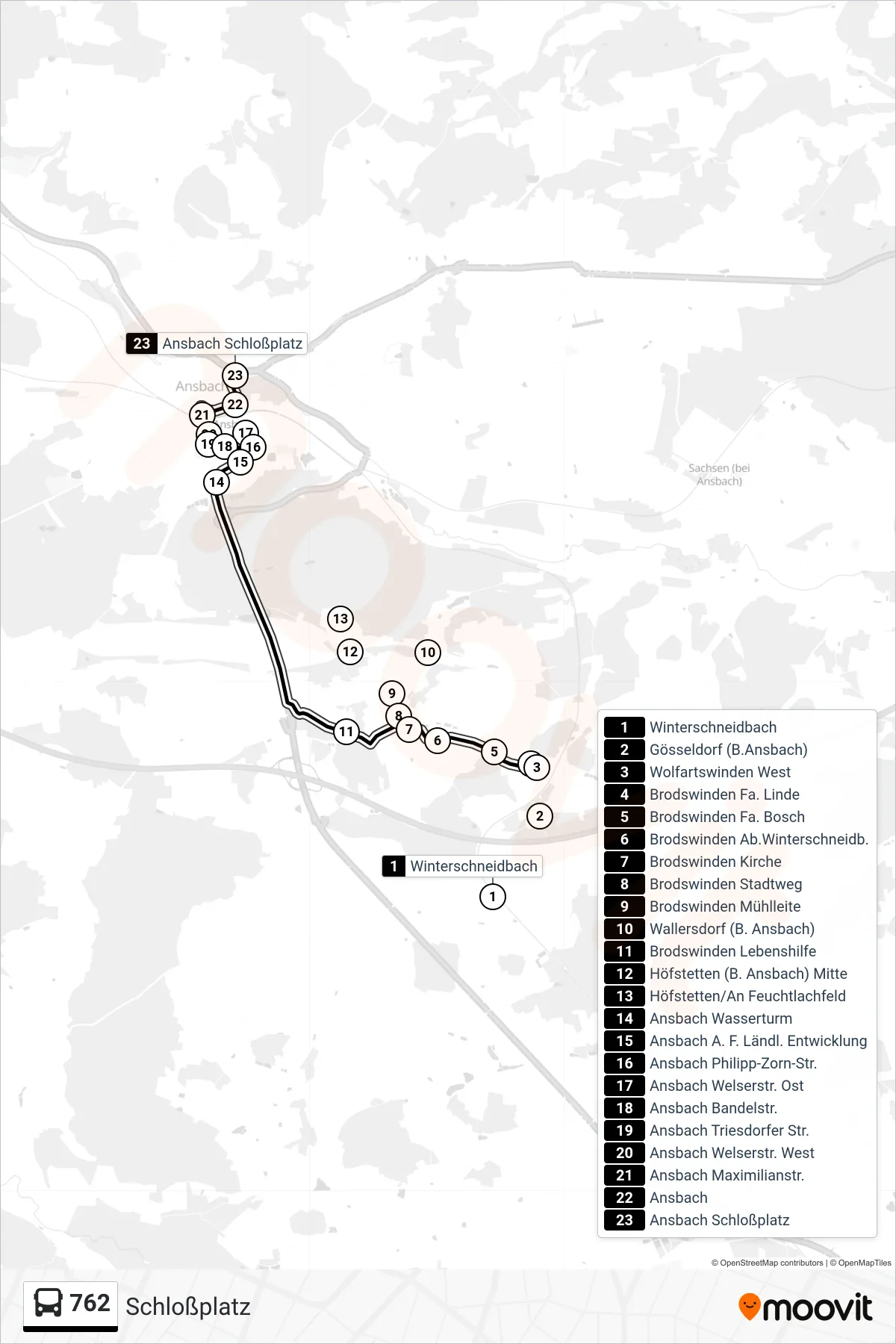 762 bus Line (Schloßplatz) route and stops on a map