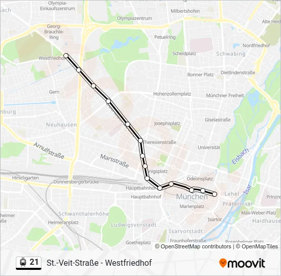 Трамвай 21: карта маршрута