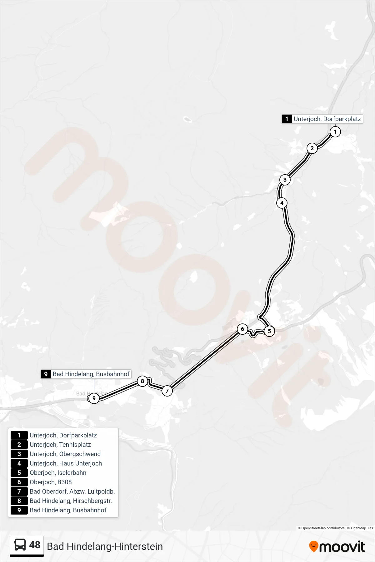 Linie 48 (Bus) Richtung Bad Hindelang-Hinterstein: Route und Haltestellen auf der Karte