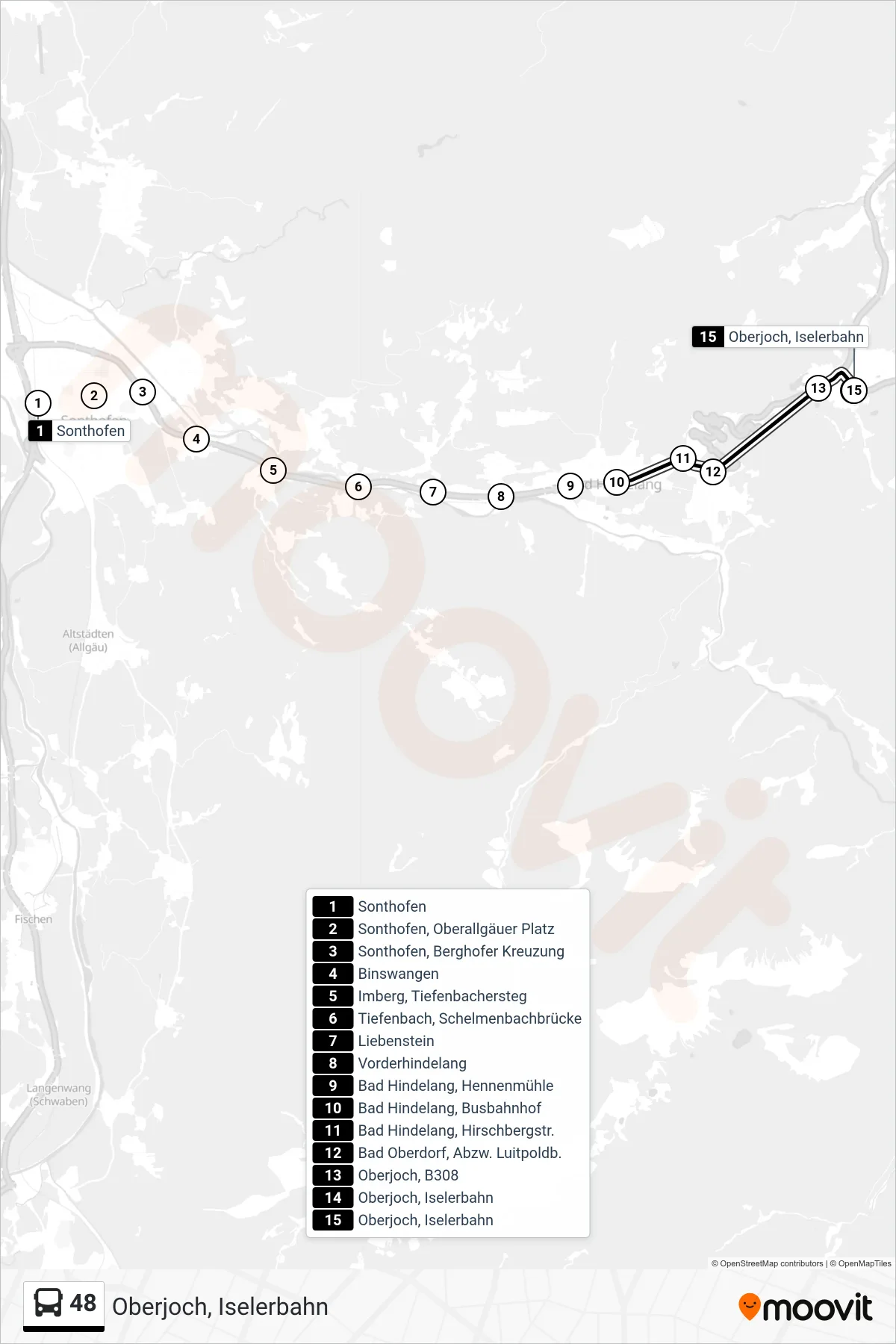 48 bus Line (Oberjoch, Iselerbahn) route and stops on a map