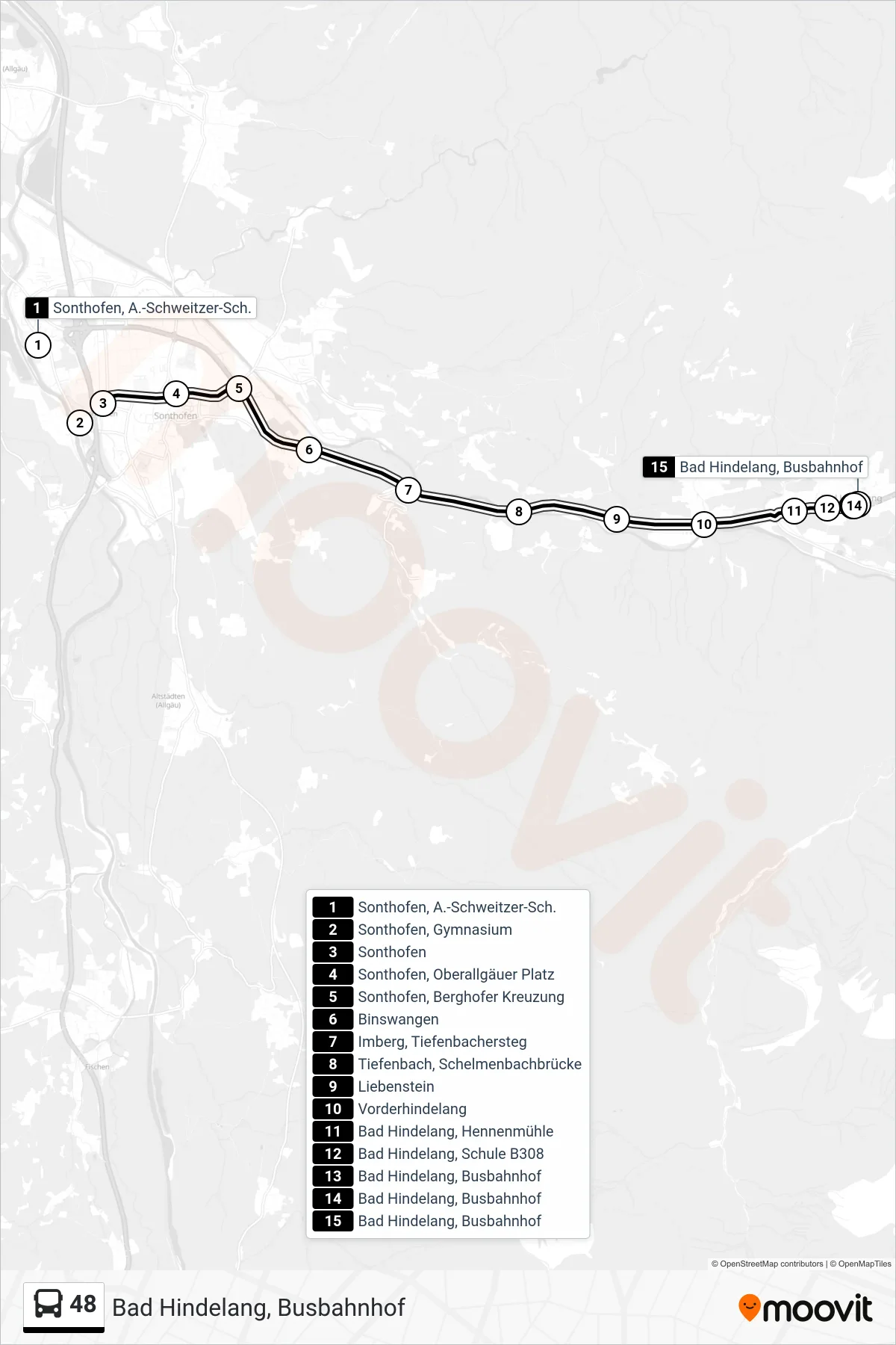 48 bus Line (Bad Hindelang, Busbahnhof) route and stops on a map