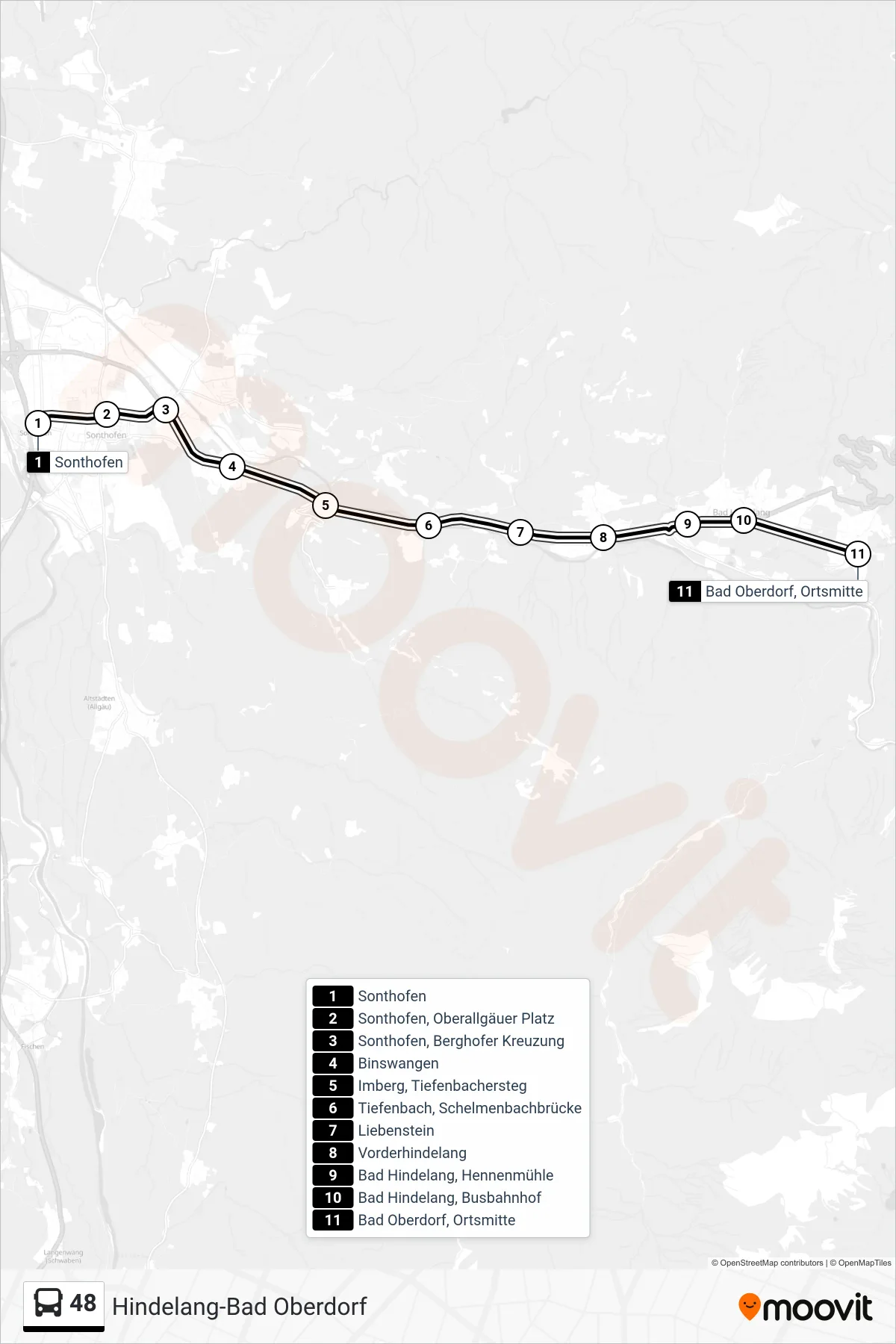 48 bus Line (Hindelang-Bad Oberdorf) route and stops on a map