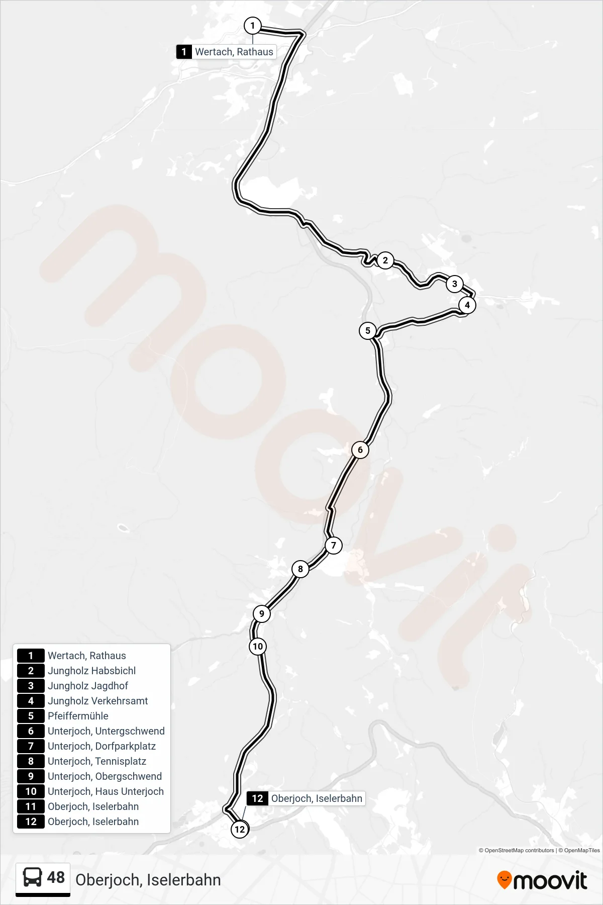 48 bus Line (Oberjoch, Iselerbahn) route and stops on a map