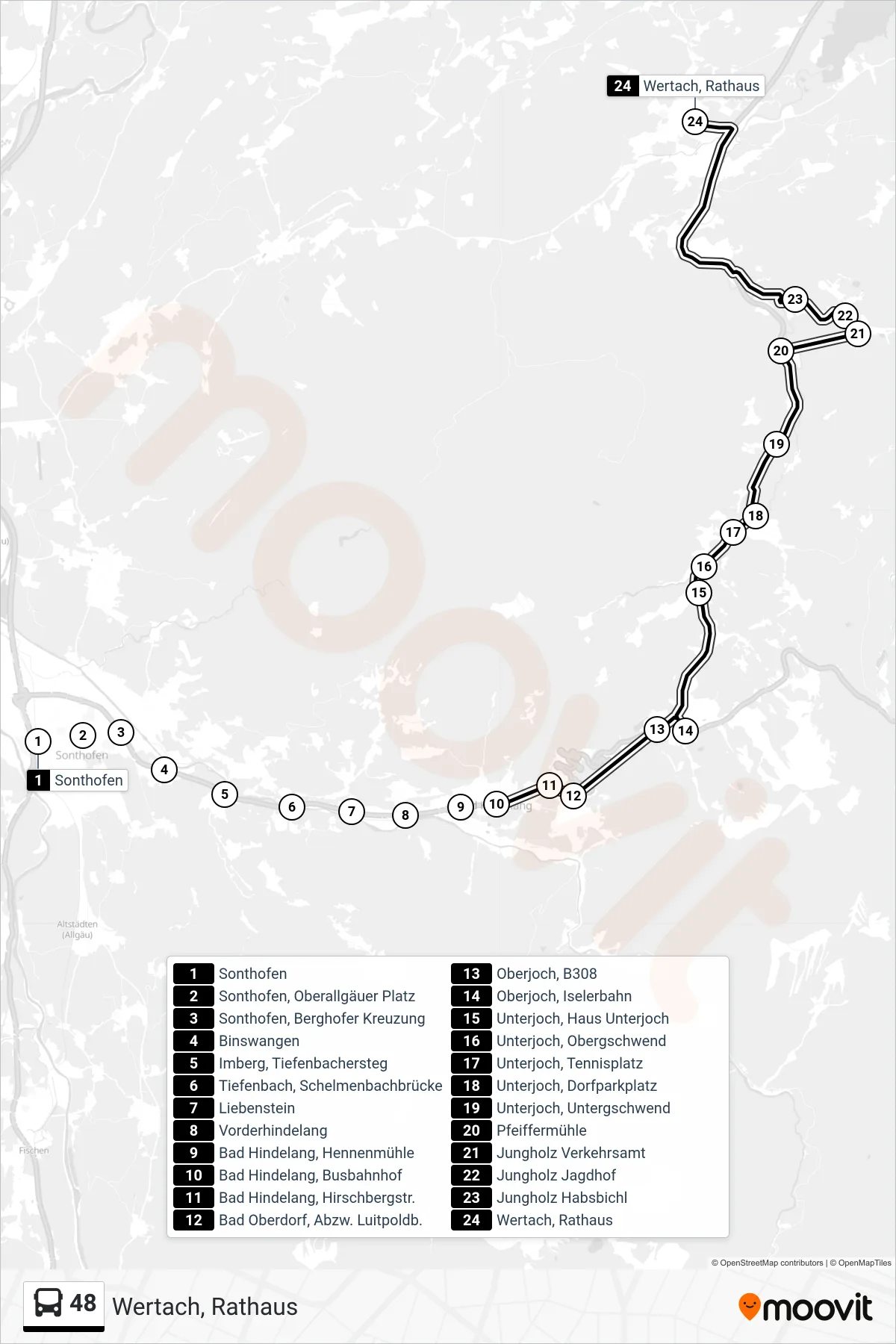 48 bus Line (Wertach, Rathaus) route and stops on a map