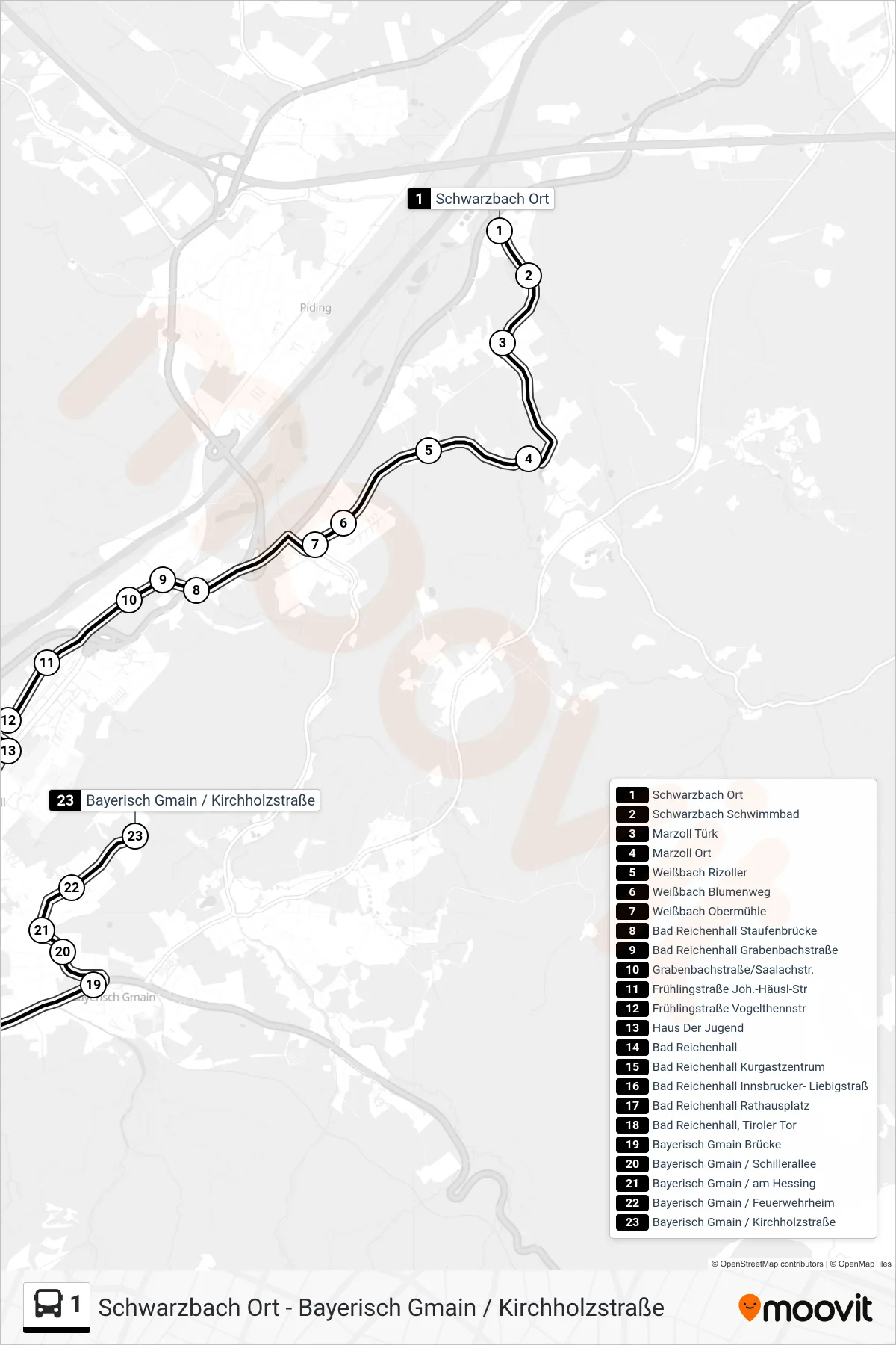 1 bus Line (Bayerisch Gmain; Kirchholzstr.) route and stops on a map