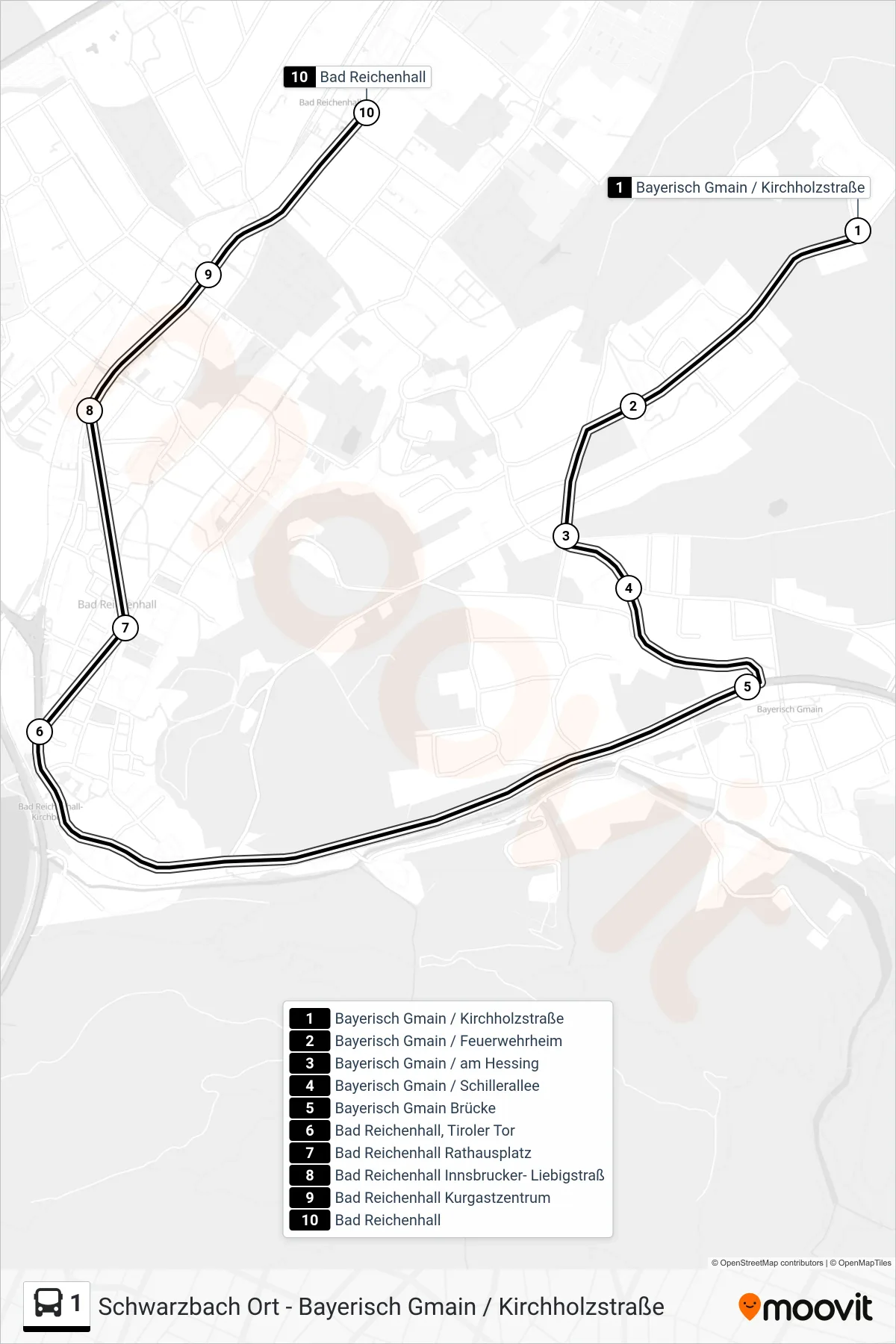 1 bus Line (Bad Reichenhall; Hbf) route and stops on a map
