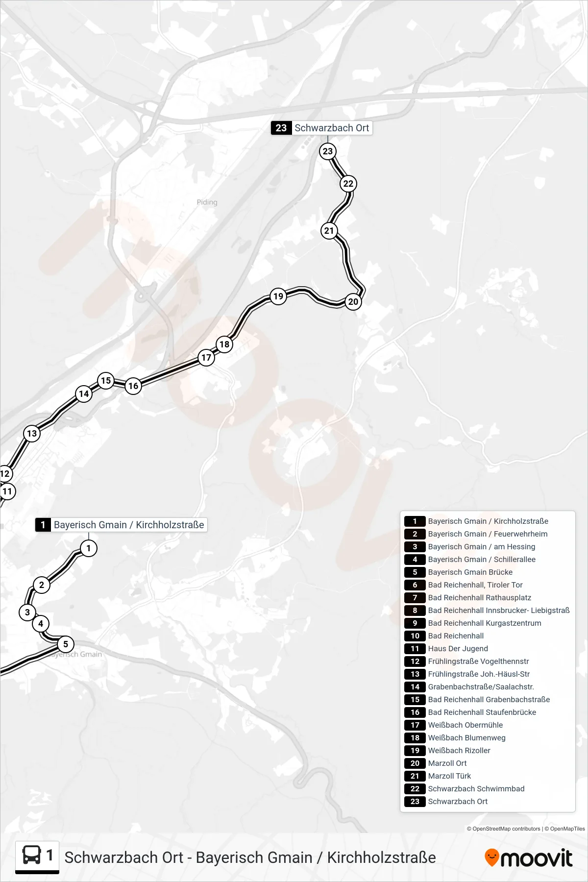 Linie 1 (Bus) Richtung Bad Reichenhall; Schwarzbach: Route und Haltestellen auf der Karte