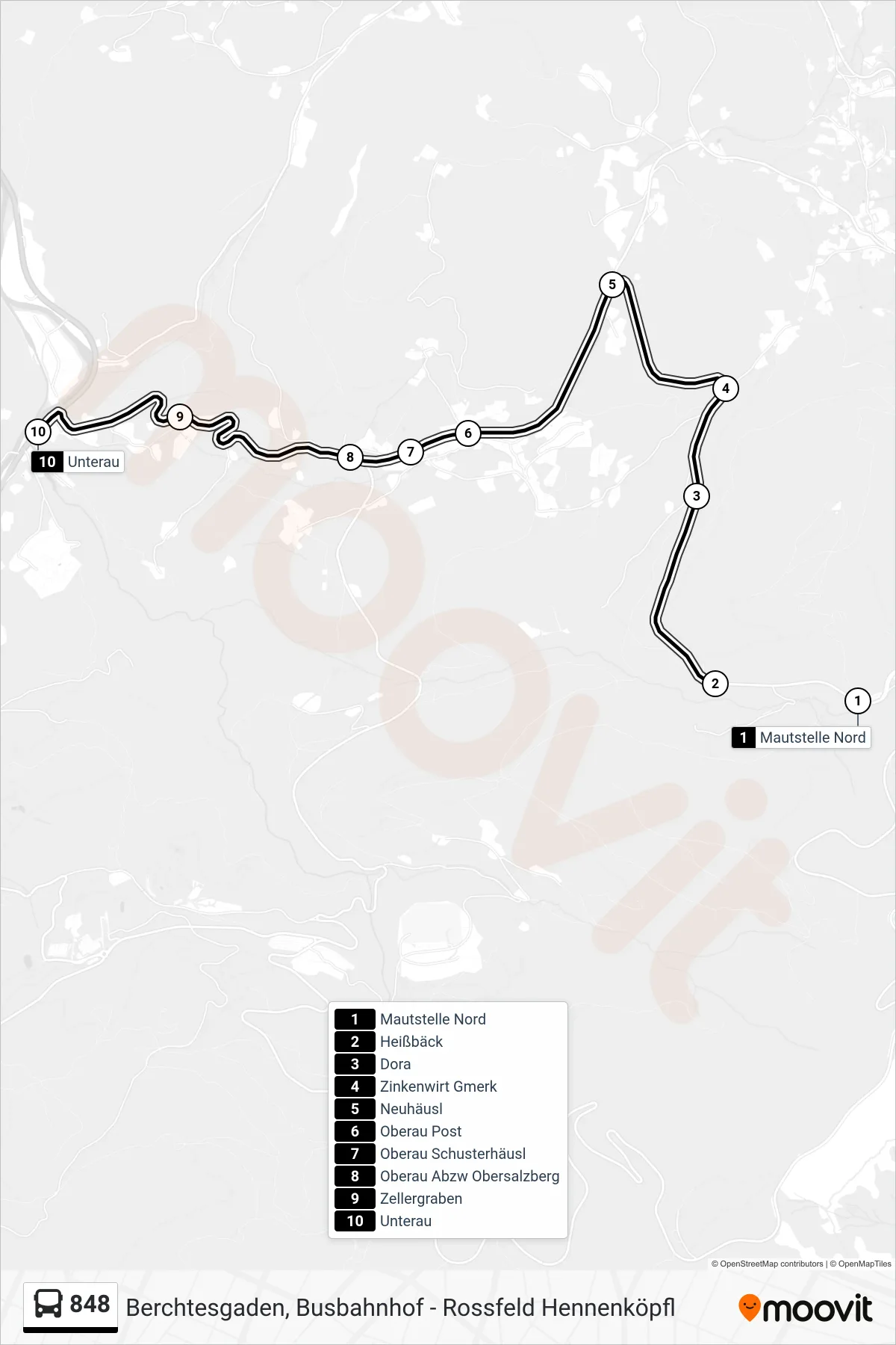 848 bus Line (Unterau) route and stops on a map