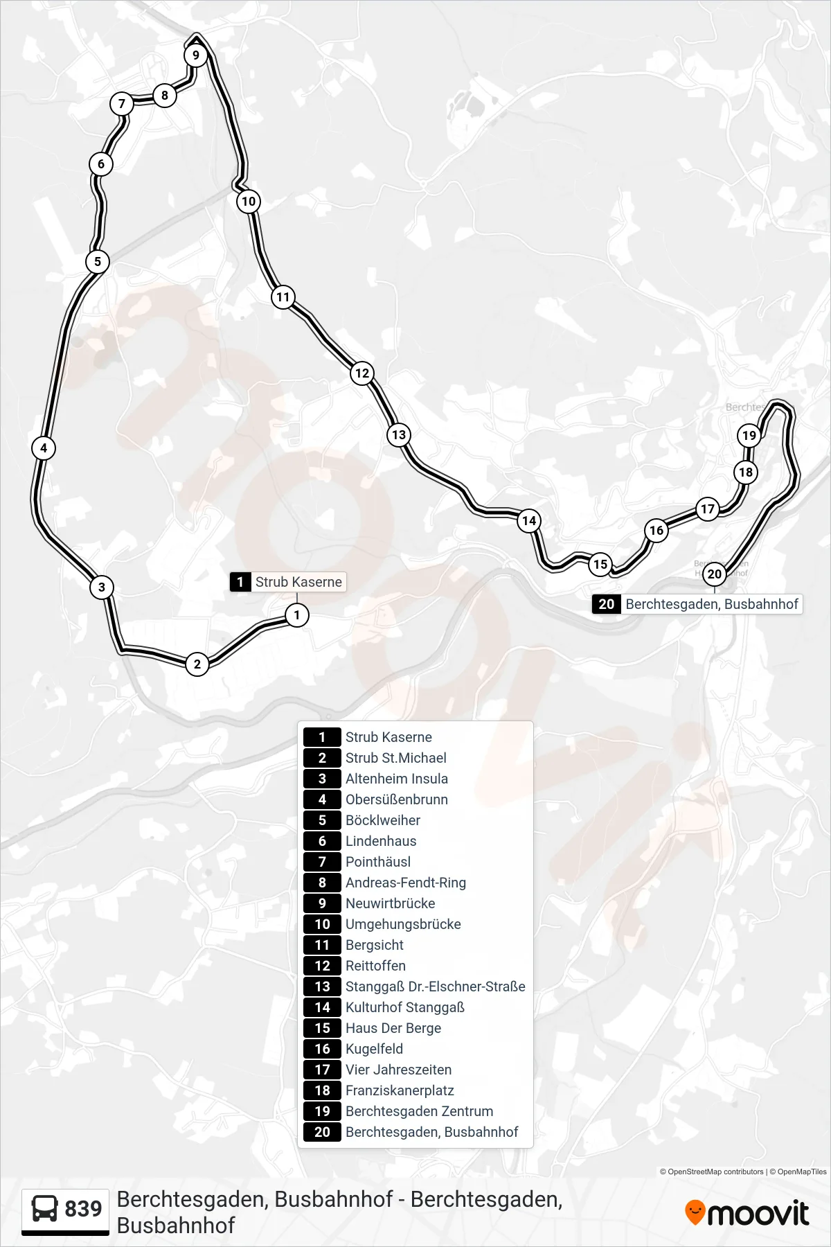 839 bus Line (Berchtesgaden ; Bahnhof) route and stops on a map