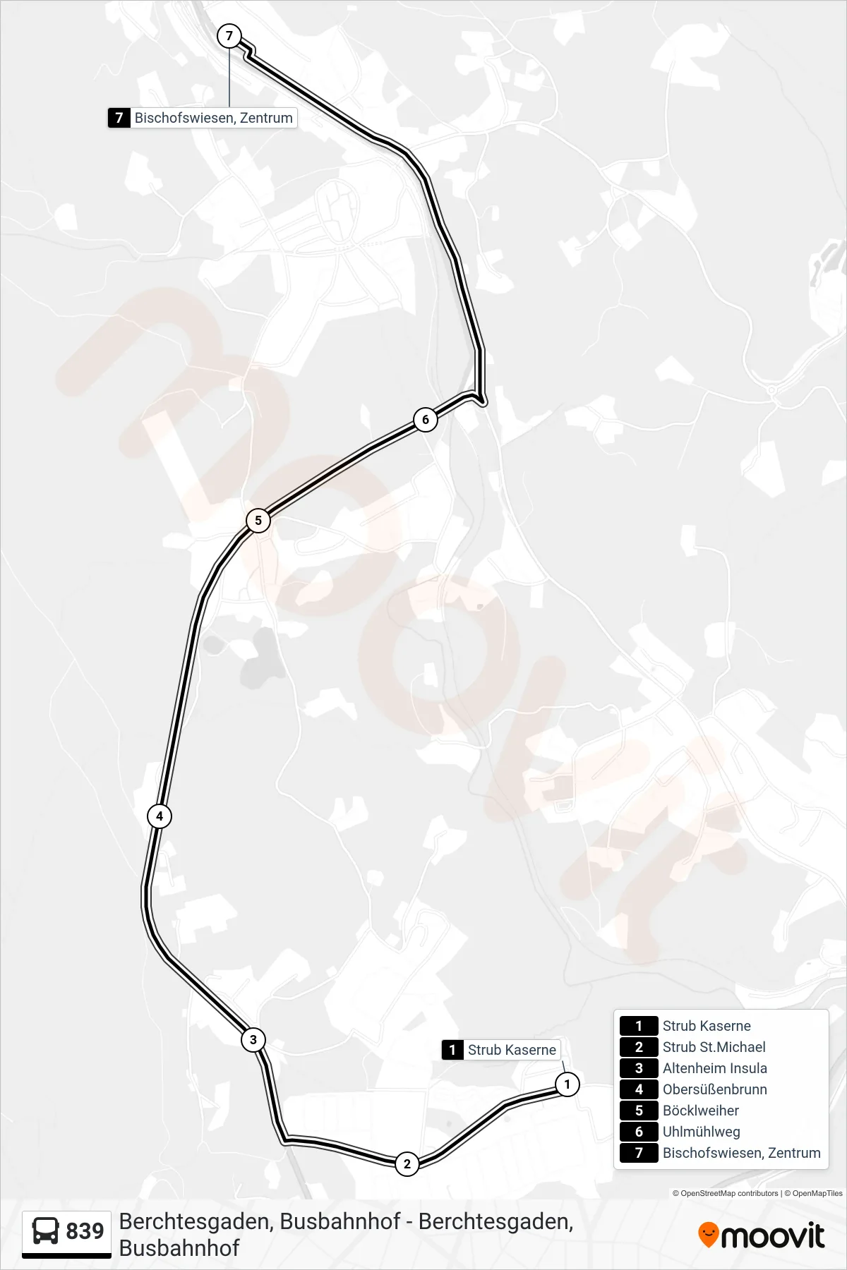 Linie 839 (Bus) Richtung Bischofswiesen; Zentrum: Route und Haltestellen auf der Karte