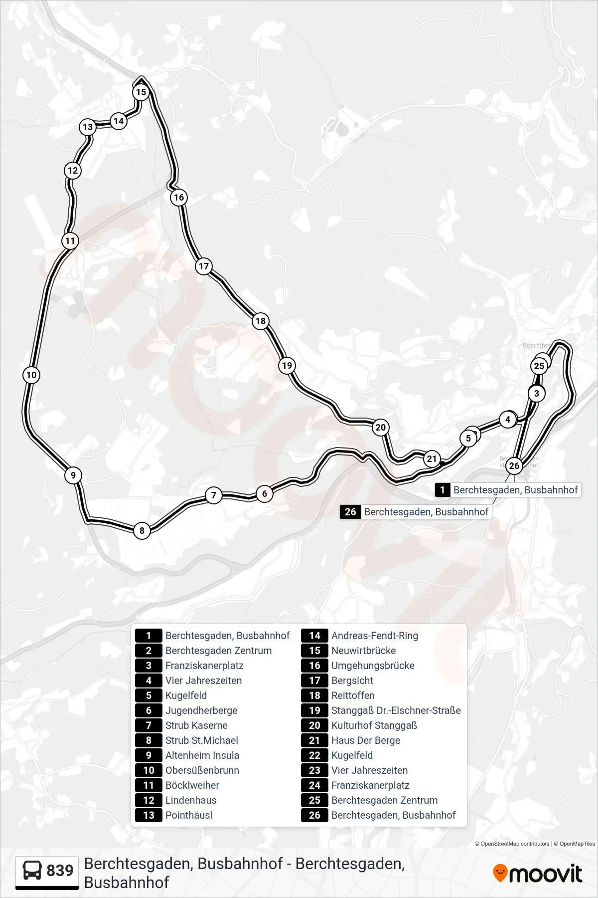 Linie 839 (Bus) Richtung Berchtesgaden, Busbahnhof: Route und Haltestellen auf der Karte