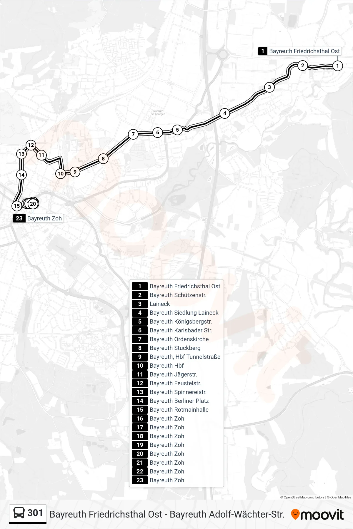 301 bus Line (Z O H) route and stops on a map