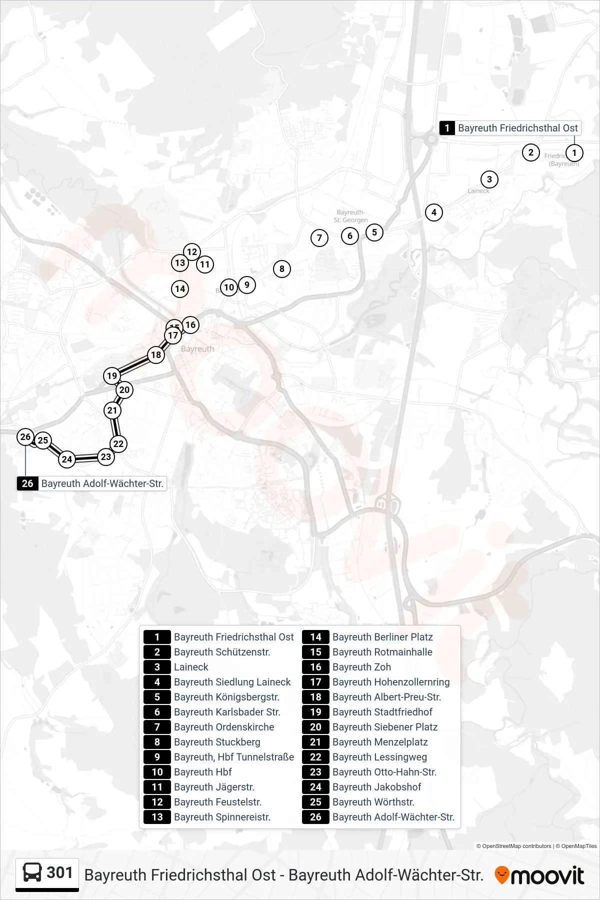 301 bus Line (Bayreuth Adolf-Wächter-Str.) route and stops on a map