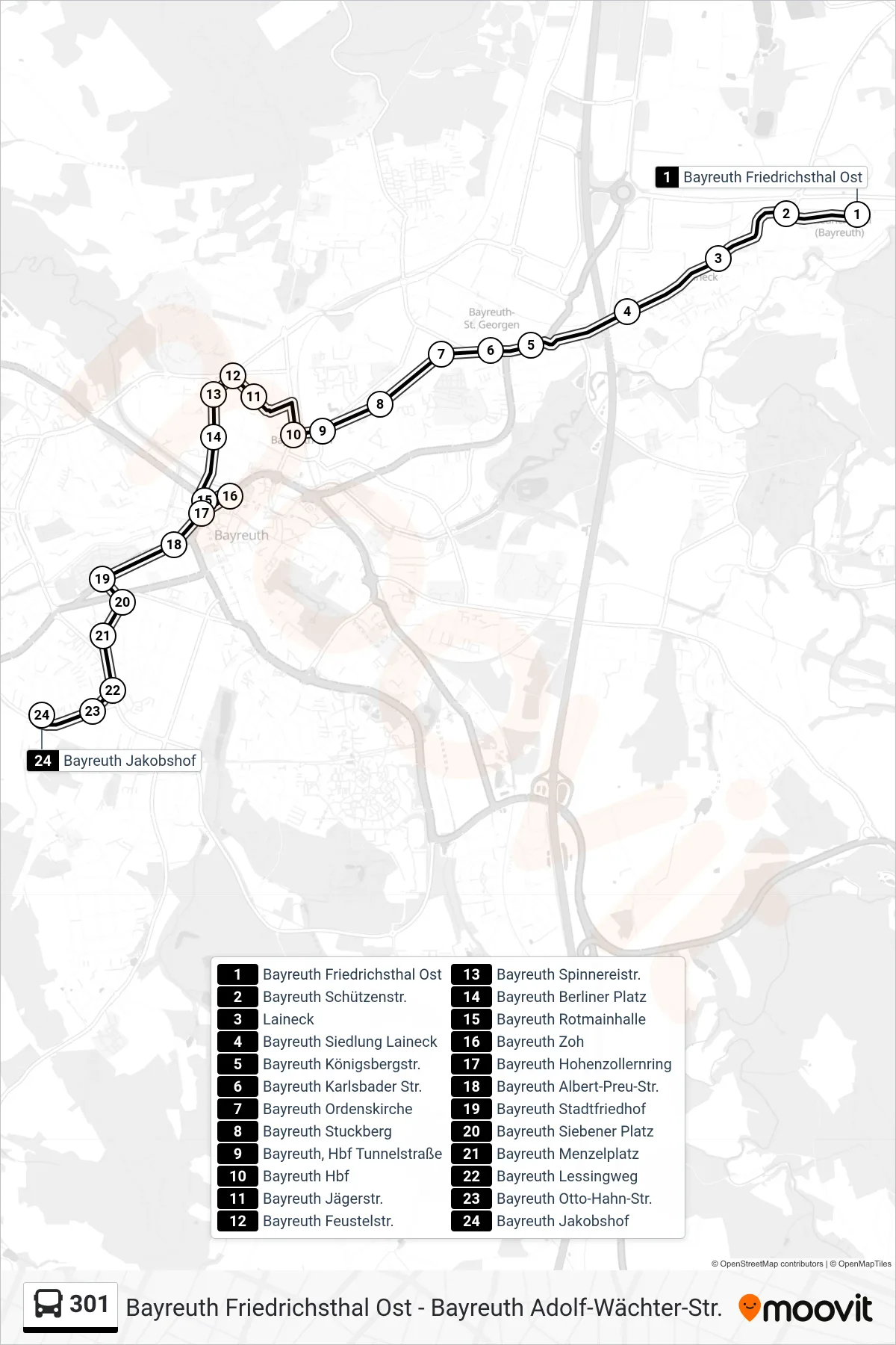 Linie 301 (Bus) Richtung Bayreuth Jakobshof: Route und Haltestellen auf der Karte