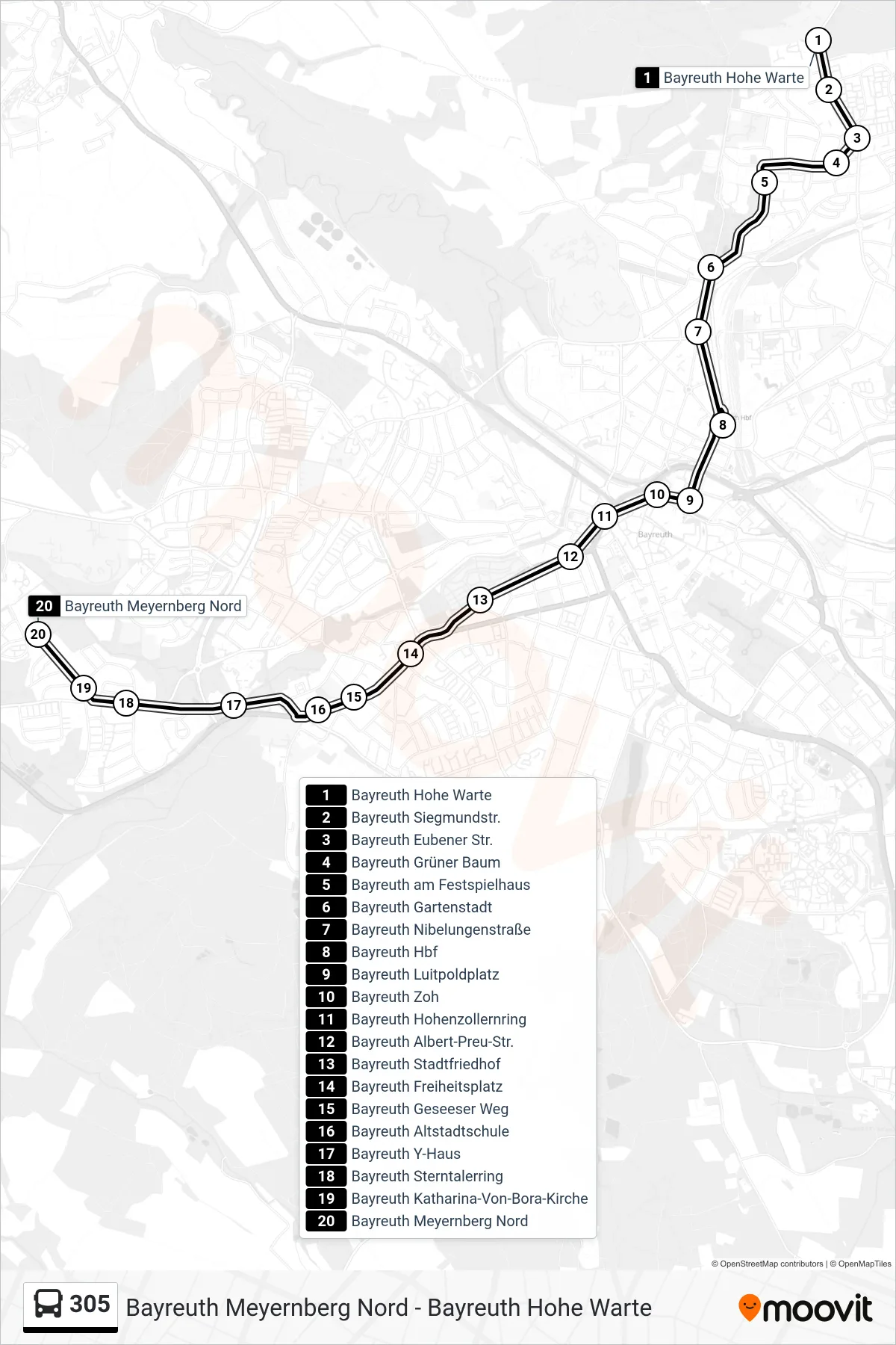 Linie 305 (Bus) Richtung Bayreuth Meyernberg Nord: Route und Haltestellen auf der Karte