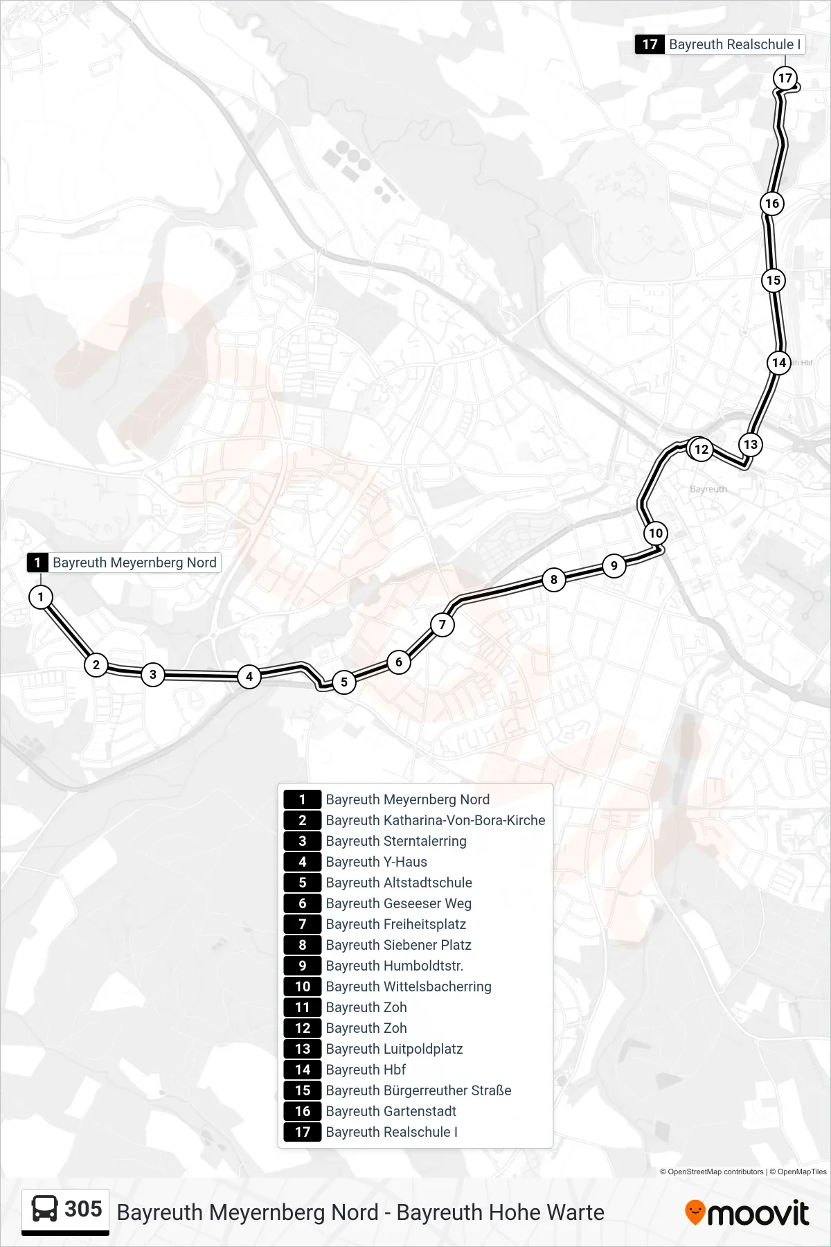 305 bus Line (Bayreuth Realschule I) route and stops on a map