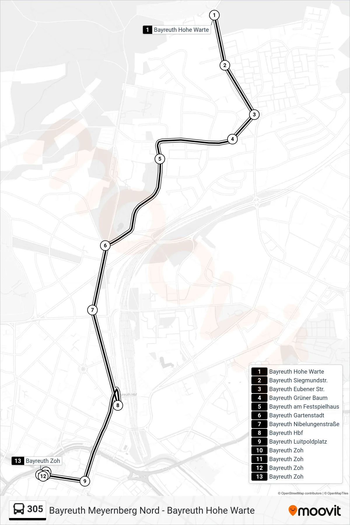 305 bus Line (Z O H) route and stops on a map