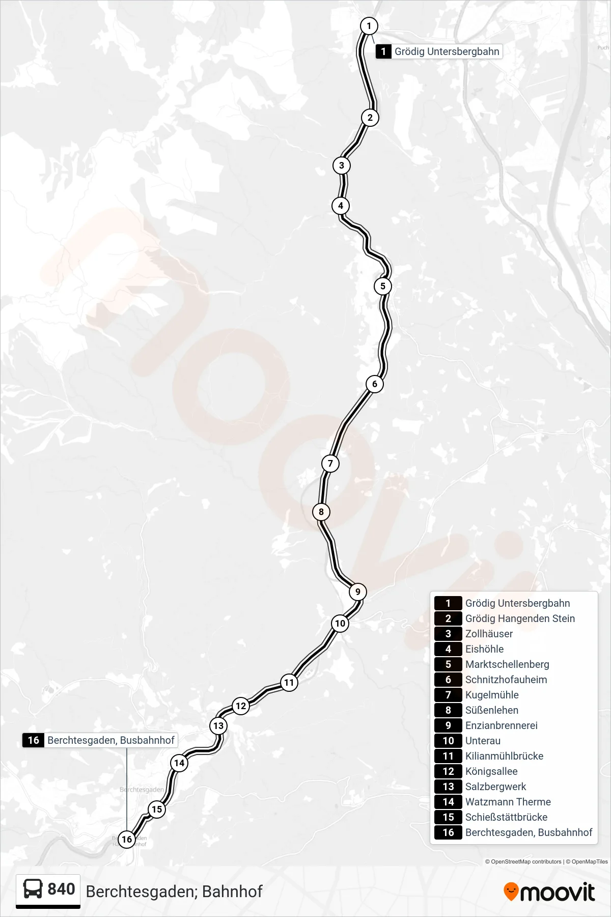 840 bus Line (Berchtesgaden; Bahnhof) route and stops on a map