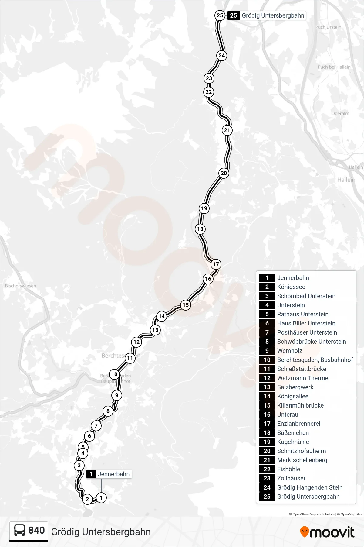 Linie 840 (Bus) Richtung Grödig Untersbergbahn: Route und Haltestellen auf der Karte