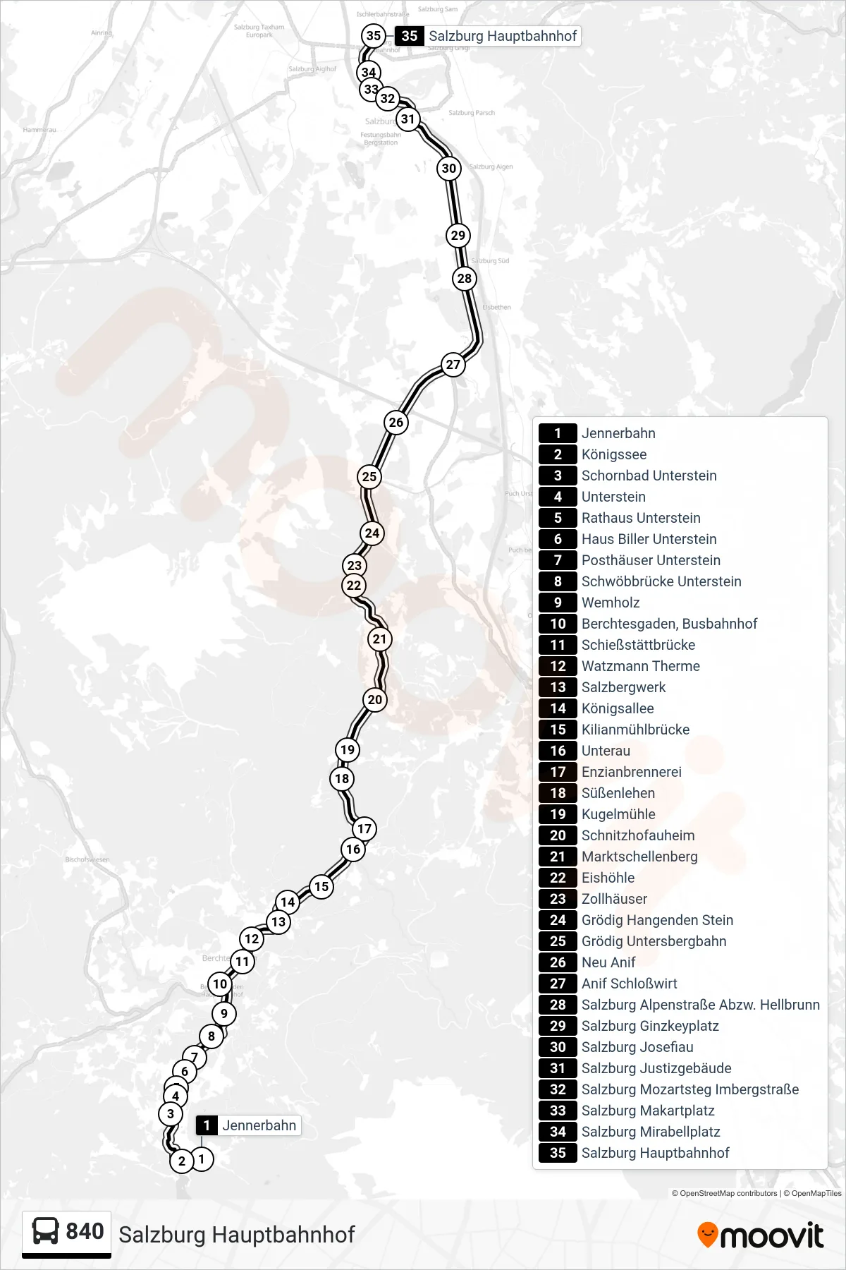 840 bus Line (Salzburg Hauptbahnhof) route and stops on a map