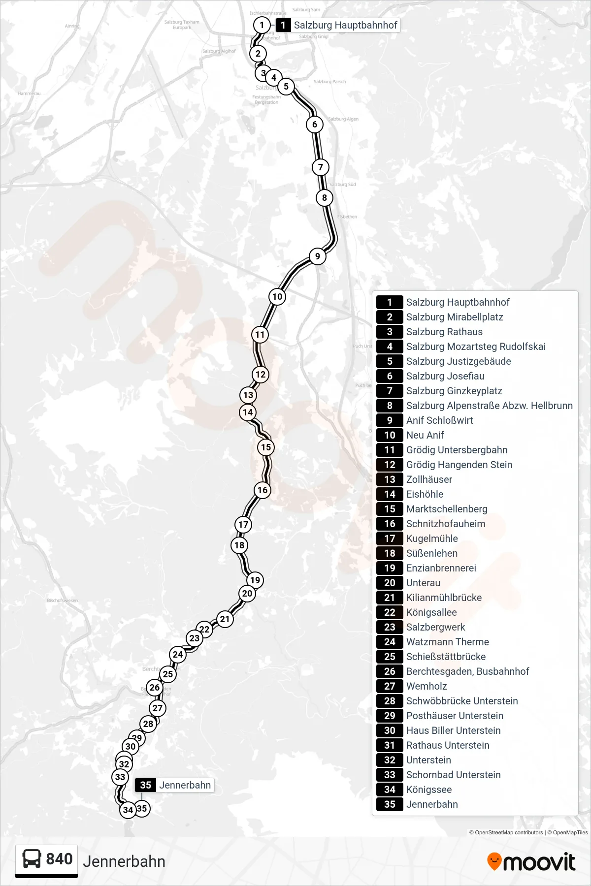 840 bus Line (Jennerbahn) route and stops on a map